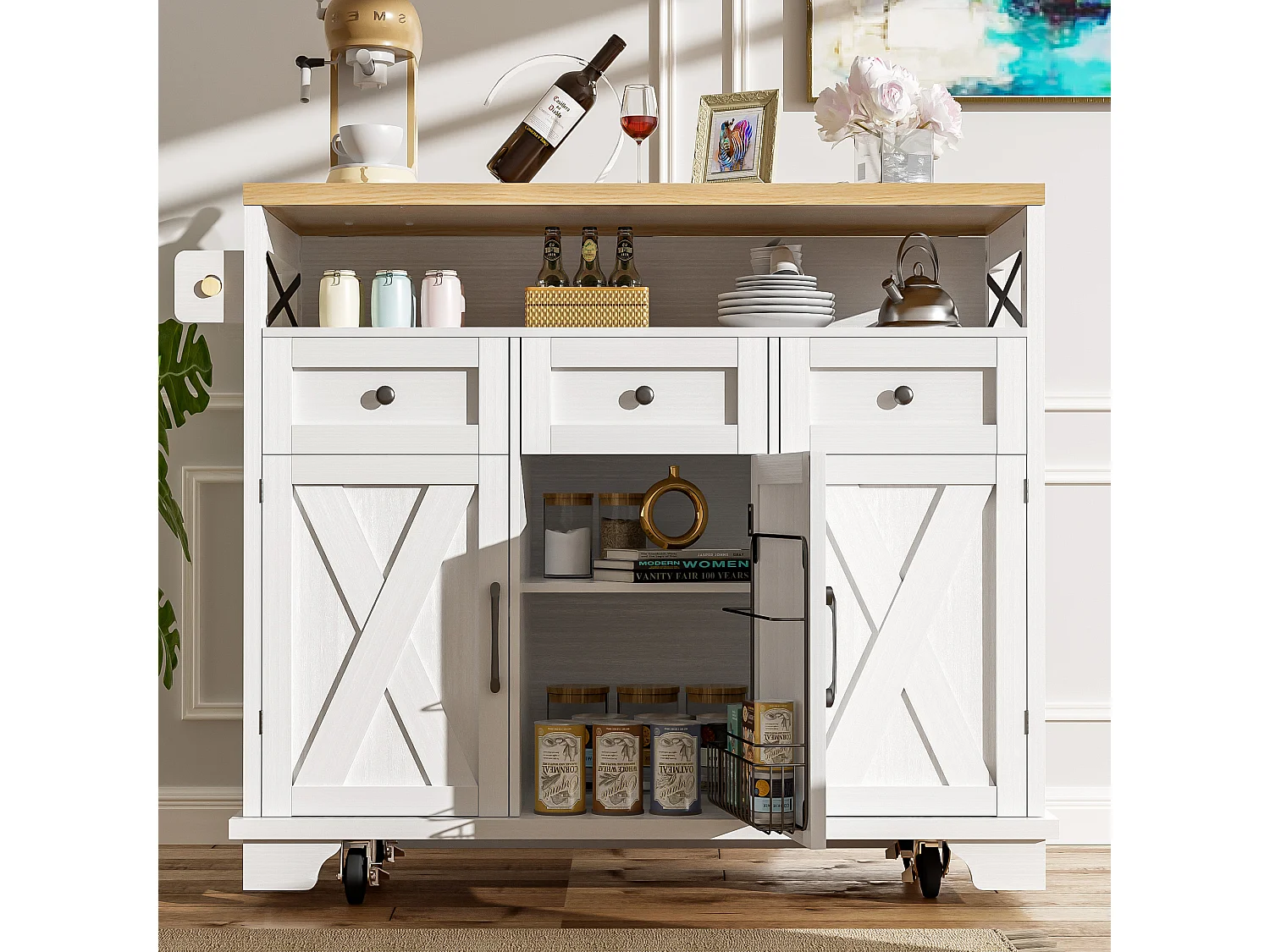 Ilot central de cuisine mobile avec 3 tiroirs, 3 portes et compartiment - 118 x 43/80 x 98 cm - MDF et métal - Blanc