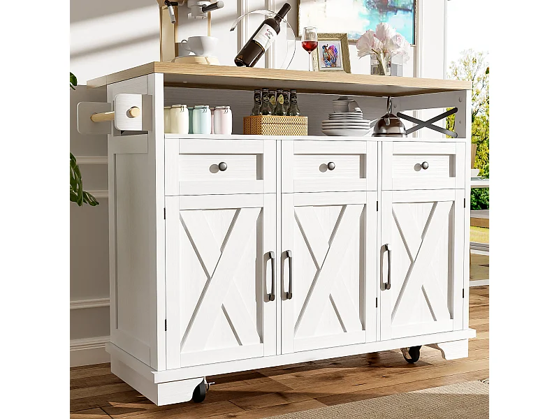 Mobiel keukeneiland met 2 lades, 2 deuren en opbergplanken - 211x55x89,5 cm - MDF - Zwart + Wit