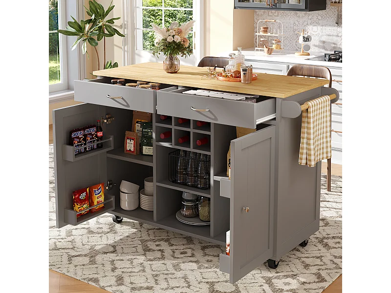 Ilot central de cuisine mobile avec 2 tiroirs, 2 portes et casier à vin 6 bouteuille - 102x45x92cm - MDF et métal - Gris