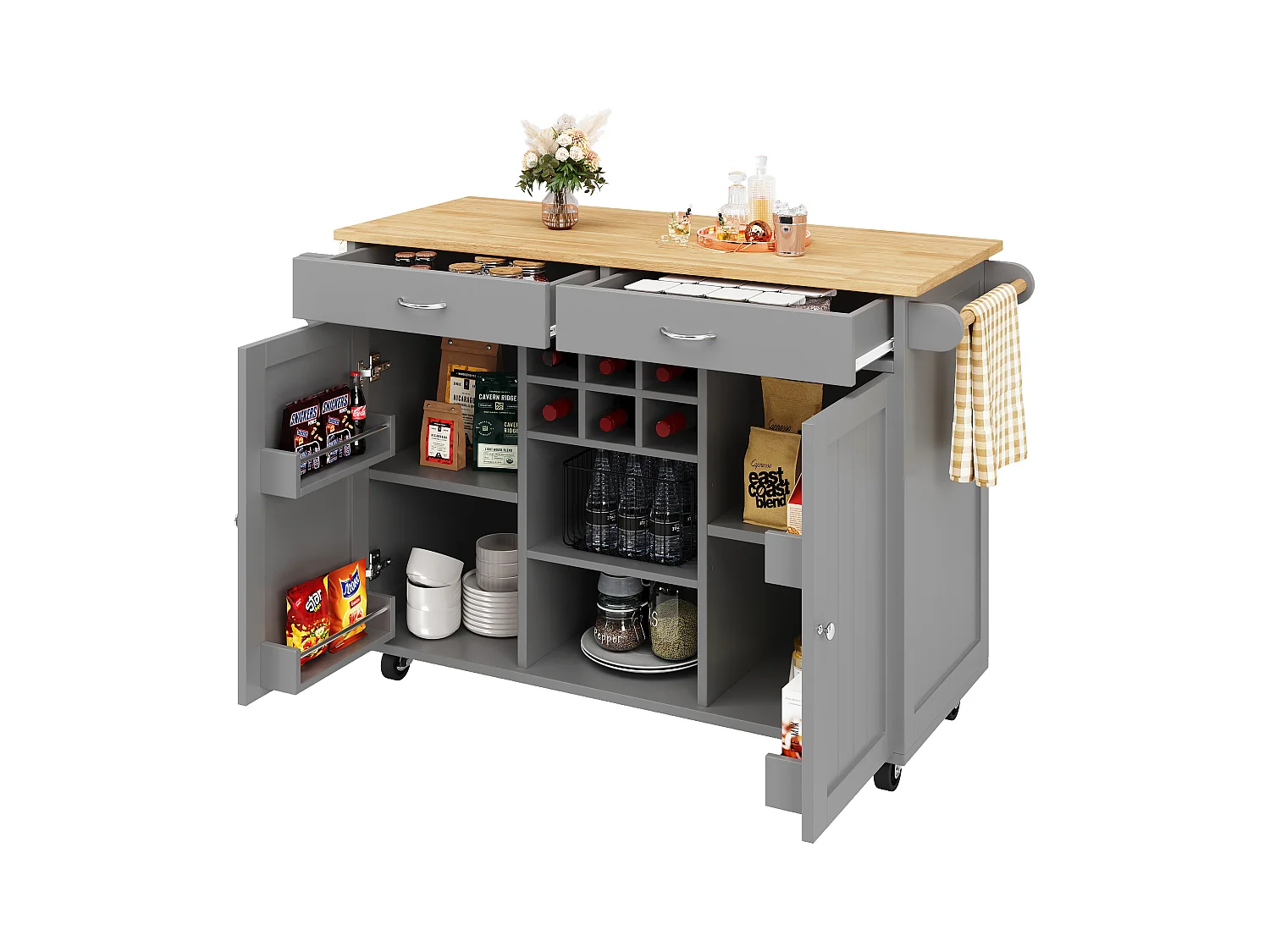 Mobilna wyspa kuchenna z 2 szufladami, 2 drzwiami i stojakiem na 6 butelek wina - 102x45x92cm - MDF i metal - Szary