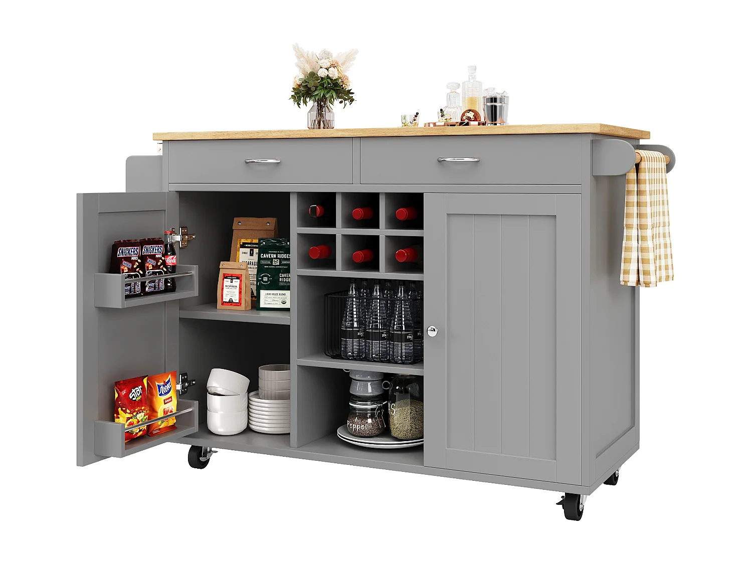 Mobiel keukeneiland met 2 lades, 2 deuren en opbergplanken - 211x55x89,5 cm - MDF - Zwart + Wit