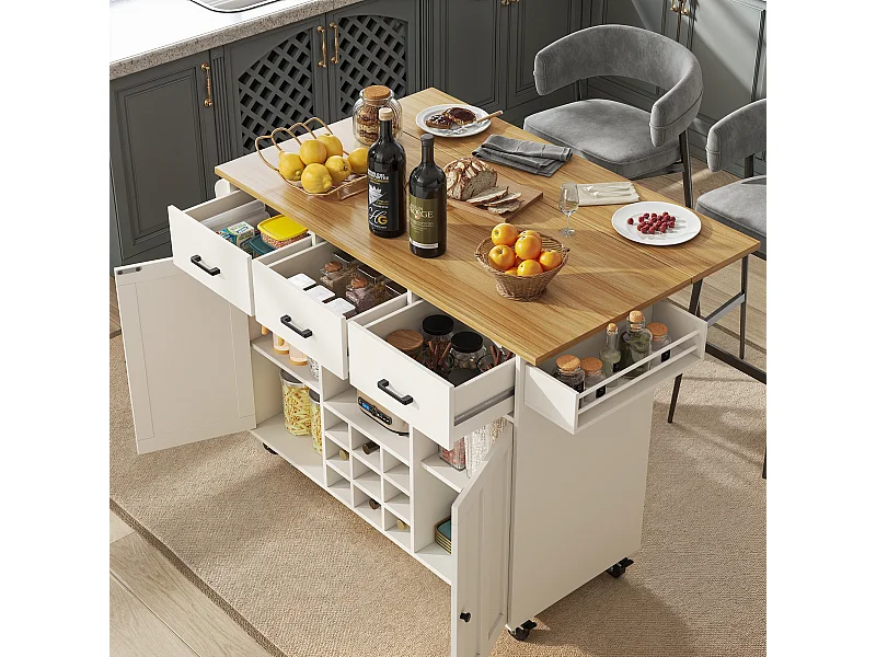 Mobilna wyspa kuchenna z 2 drzwiami, 3 szufladami i regałem na 9 butelek wina - Wysuwany blat - 124x40/65x91,5 cm - MDF - Biały