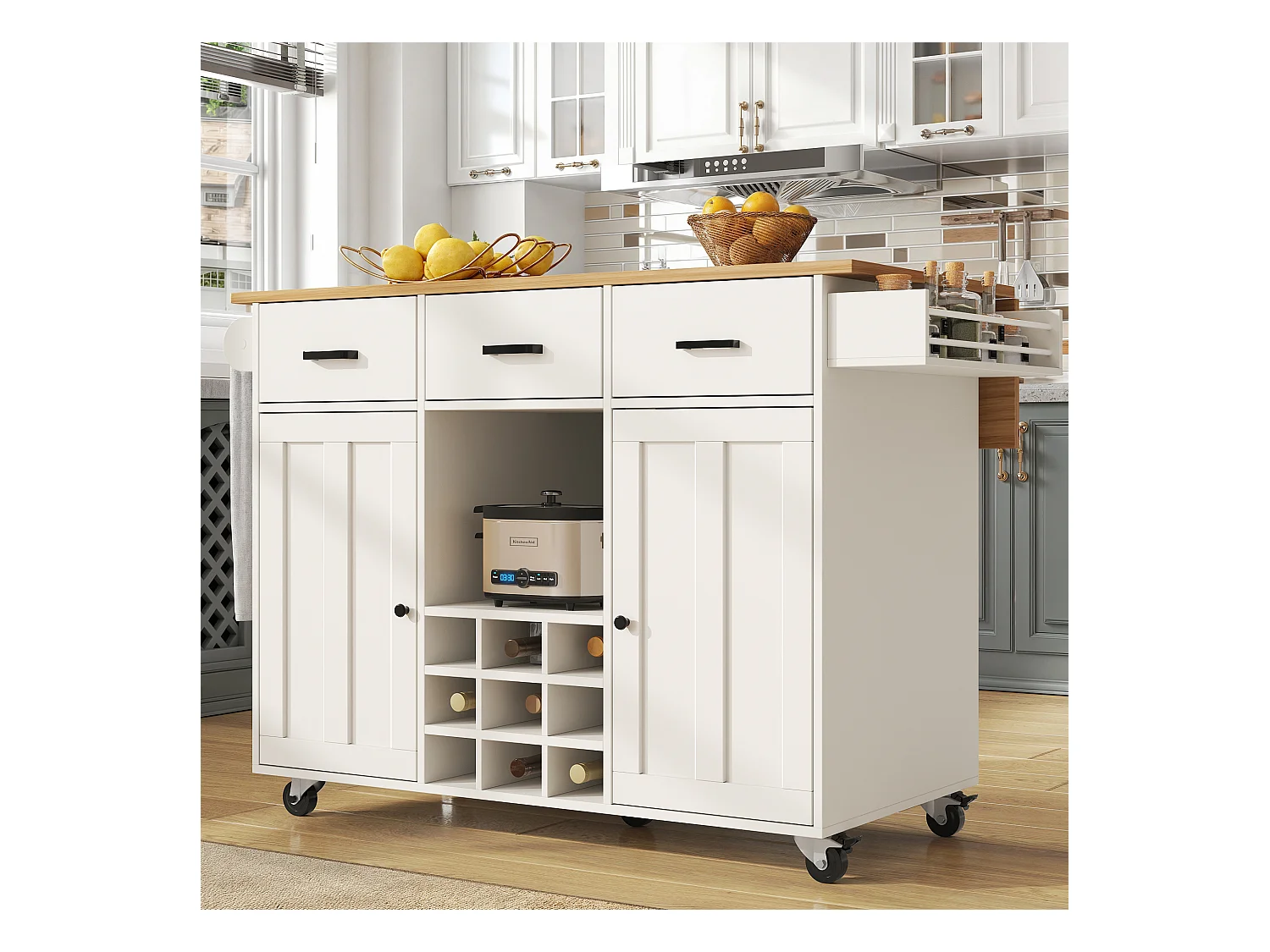 Ilot central de cuisine mobile avec 2 portes, 3 tiroirs et casier à vin 9 bouteuills - Plateau extensible - 124x40/65x91.5 cm - MDF - Blanc