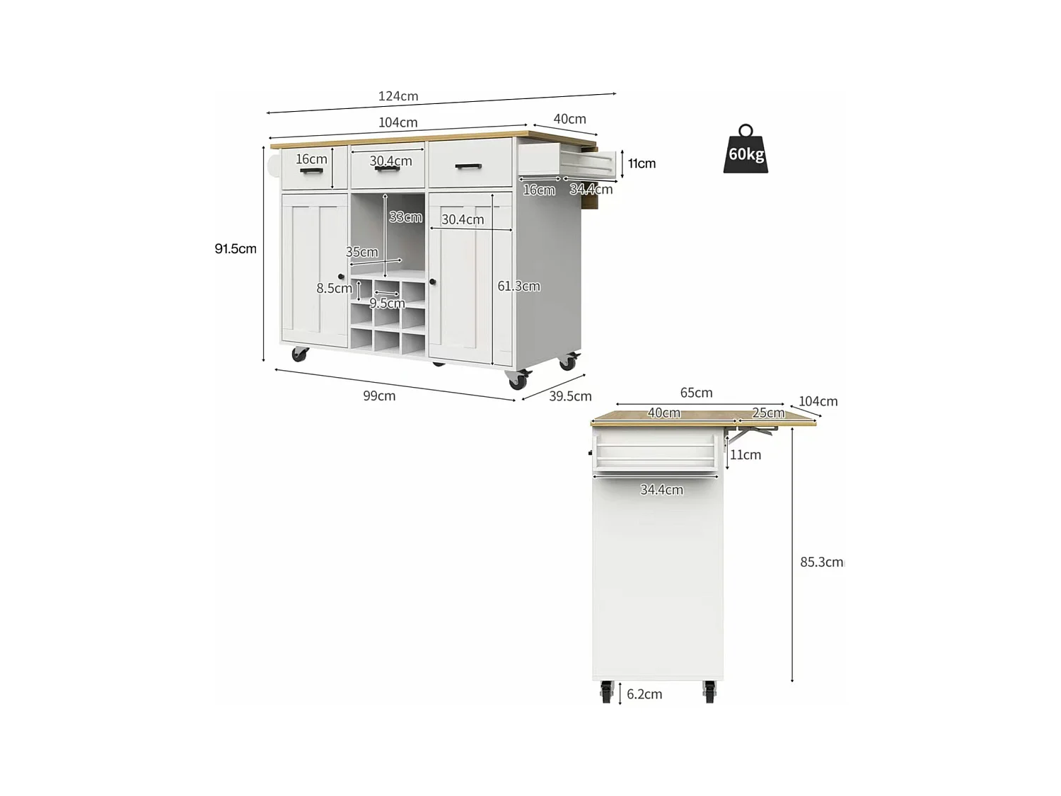 Ilot central de cuisine mobile avec 2 portes, 3 tiroirs et casier à vin 9 bouteuills - Plateau extensible - 124x40/65x91.5 cm - MDF - Blanc