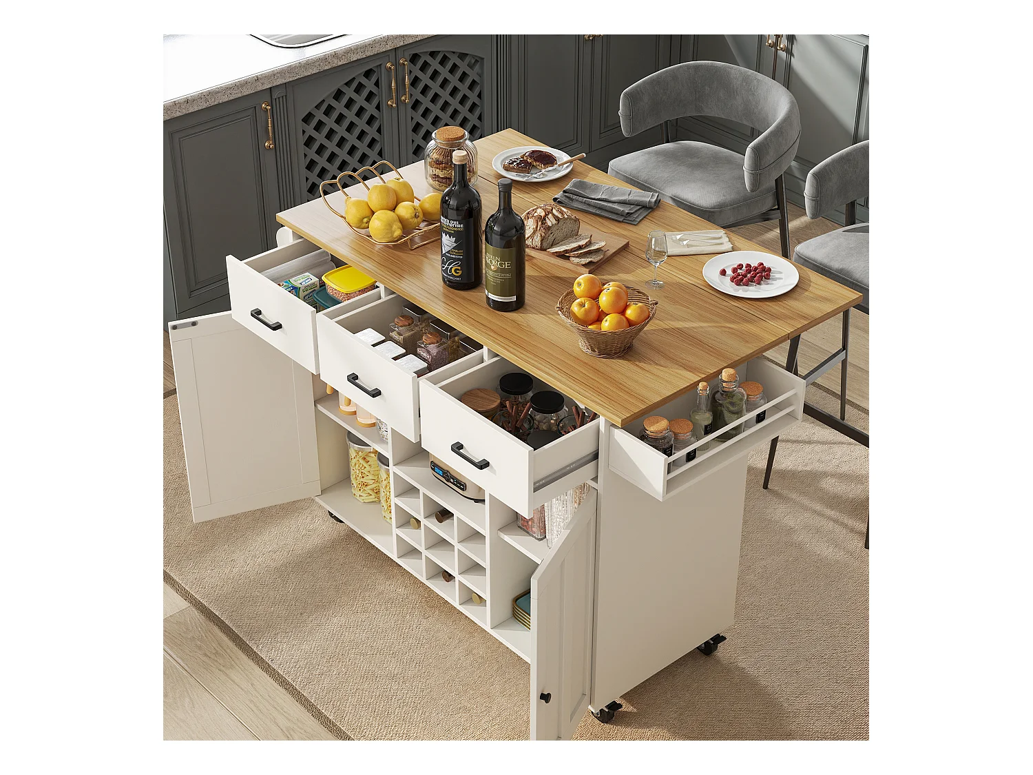 Ilot central de cuisine mobile avec 2 portes, 3 tiroirs et casier à vin 9 bouteuills - Plateau extensible - 124x40/65x91.5 cm - MDF - Blanc