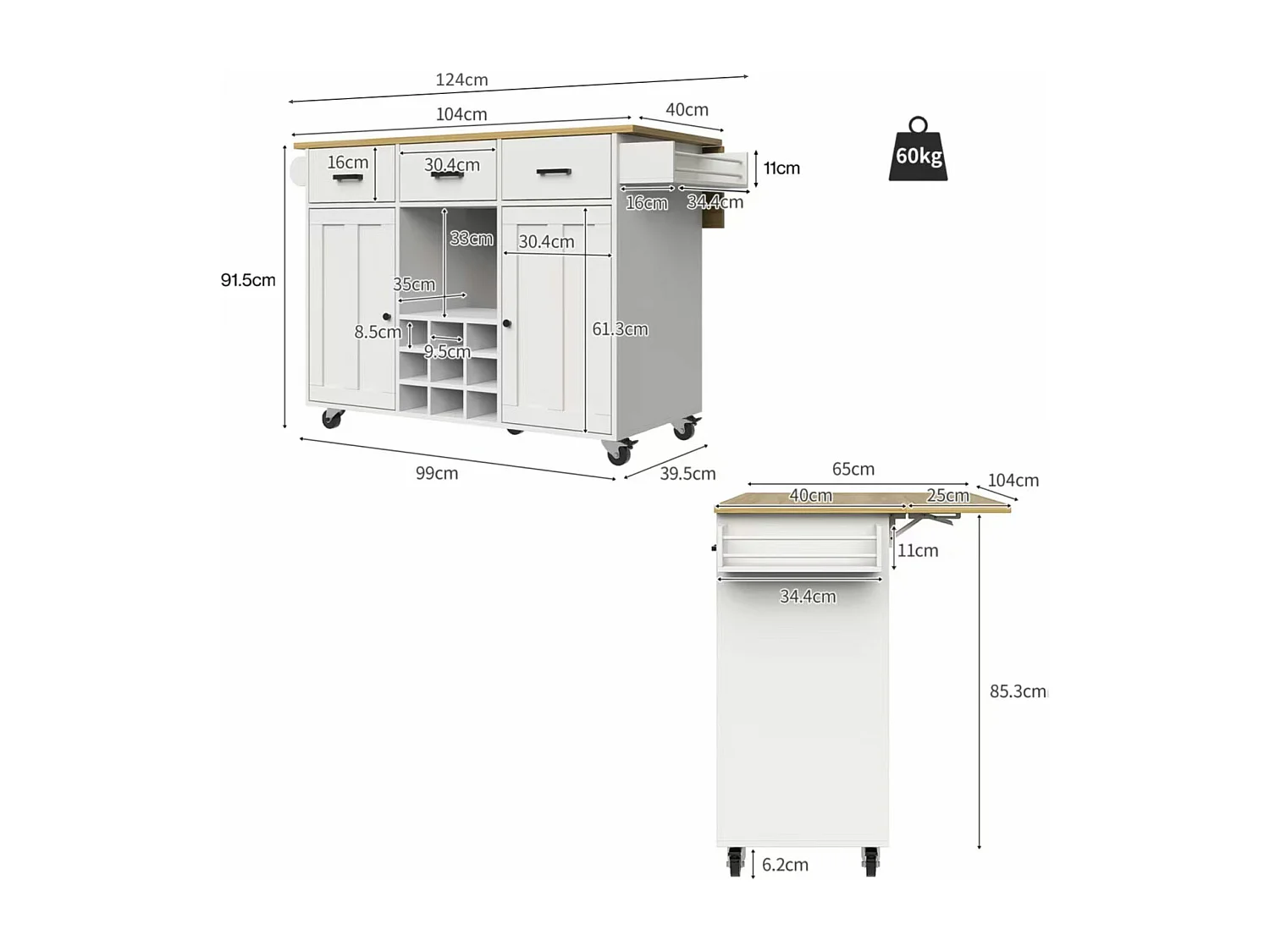 Ilot central de cuisine mobile avec 2 portes, 3 tiroirs et casier à vin 9 bouteuills - Plateau extensible - 124x40/65x91.5 cm - MDF - Blanc