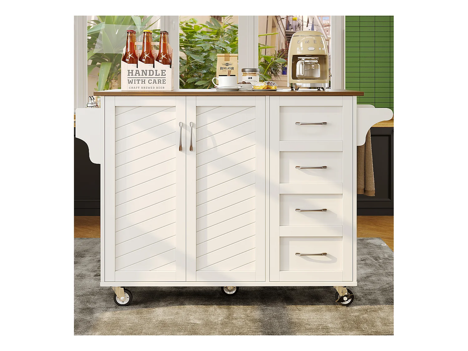 Ilot central de cuisine mobile avec 2 portes, 2 tiroirs et porte-serviettes - Plateau extensible - 128x46/71x93 cm - MDF - Blanc + marron