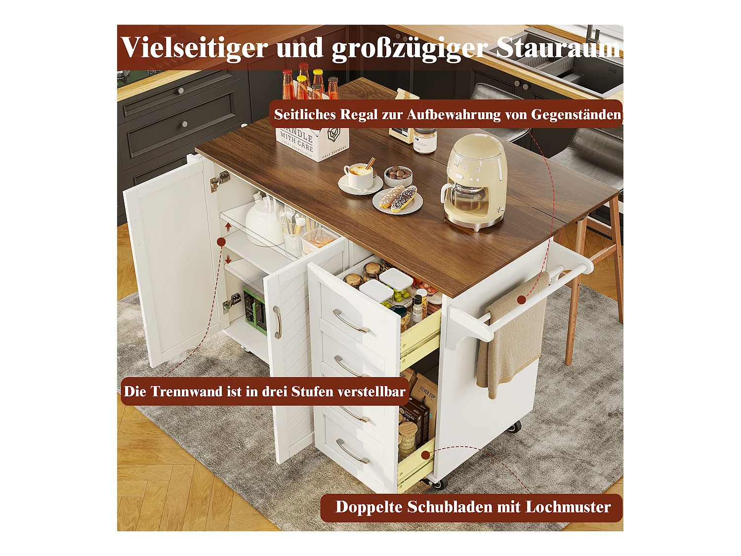 Ilot central de cuisine mobile avec 2 portes, 2 tiroirs et porte-serviettes - Plateau extensible - 128x46/71x93 cm - MDF - Blanc + marron