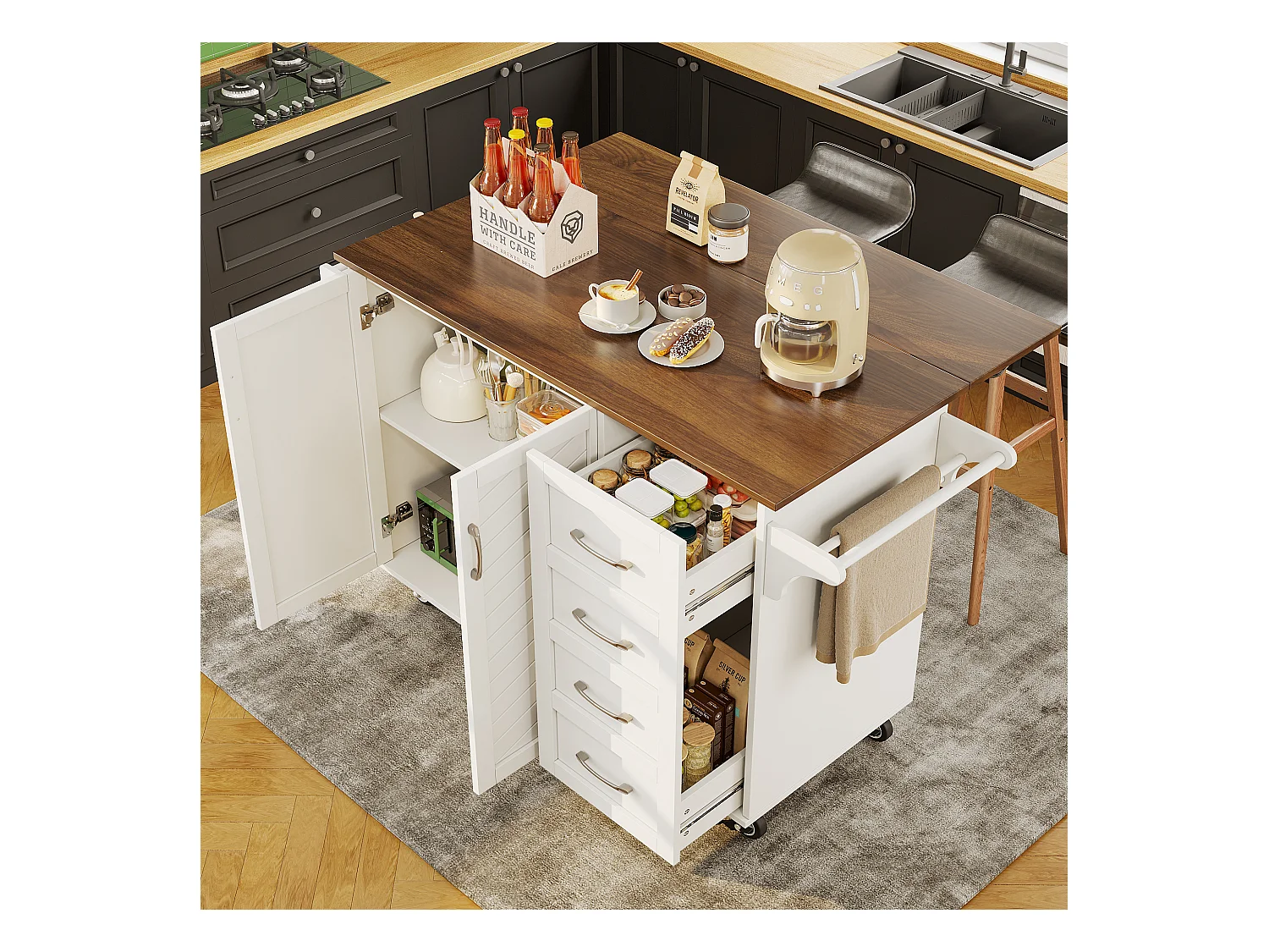 Ilot central de cuisine mobile avec 2 portes, 2 tiroirs et porte-serviettes - Plateau extensible - 128x46/71x93 cm - MDF - Blanc + marron