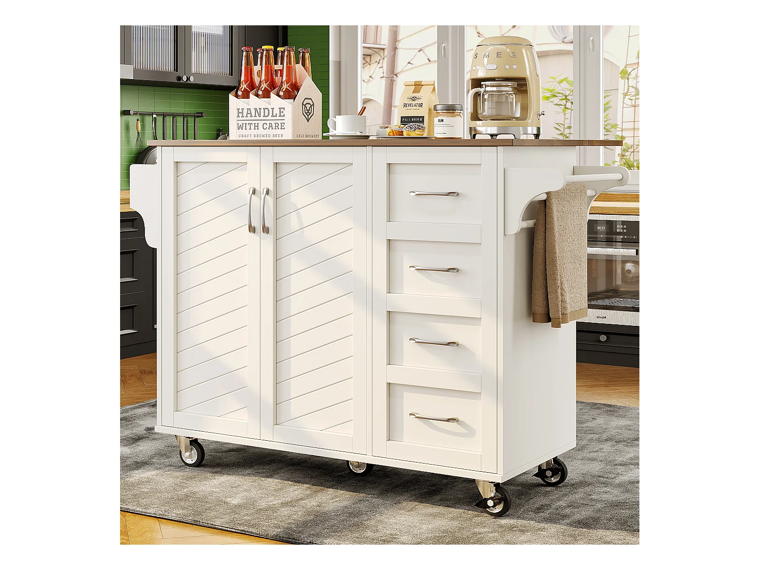 Isola cucina mobile con 2 ante, 2 cassetti e portasciugamani - Piano estensibile - 128x46/71x93 cm - MDF - Bianco + marrone