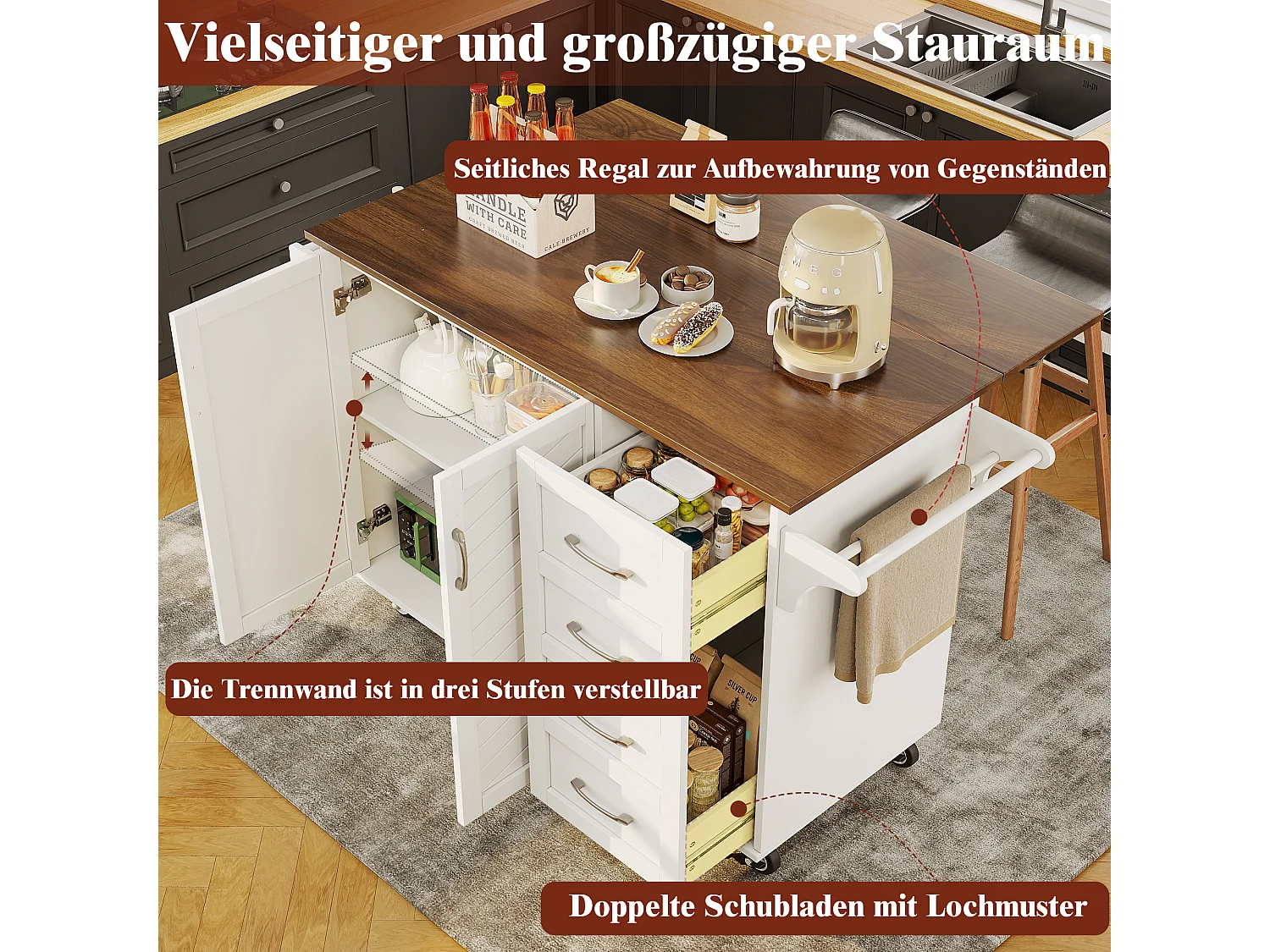 Ilot central de cuisine mobile avec 2 portes, 2 tiroirs et porte-serviettes - Plateau extensible - 128x46/71x93 cm - MDF - Blanc + marron