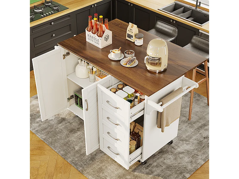 Ilot central de cuisine mobile avec 2 portes, 2 tiroirs et porte-serviettes - Plateau extensible - 128x46/71x93 cm - MDF - Blanc + marron