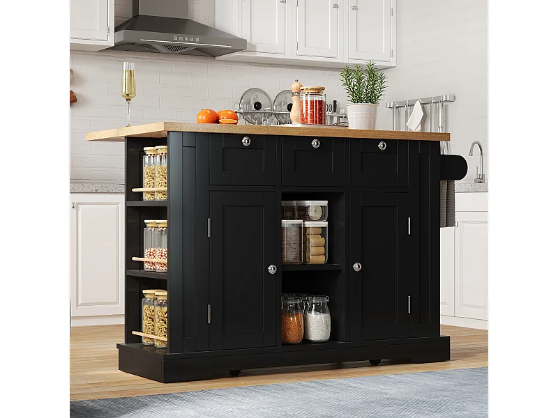 Ilot central de cuisine mobile avec 3 tiroirs, 2 portes et étagères - plateau extensible - 132 x 40/70 x 87 cm - Bois MDF - Noir + naturel