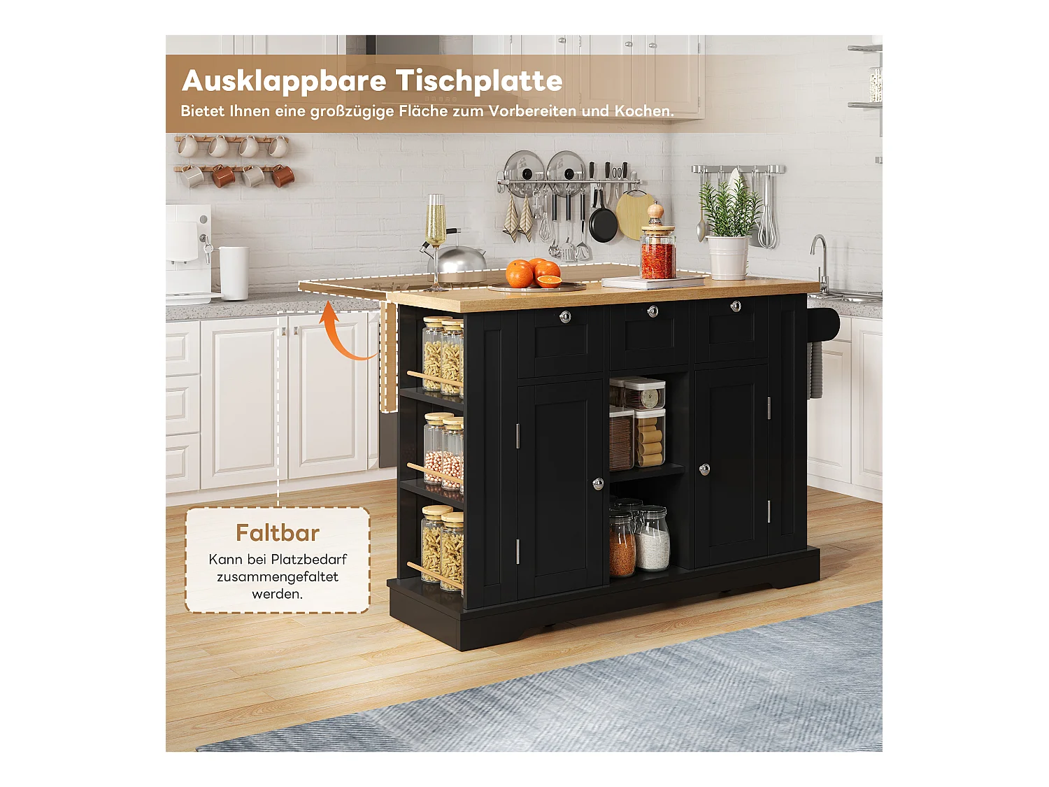 Ilot central de cuisine mobile avec 3 tiroirs, 2 portes et étagères - plateau extensible - 132 x 40/70 x 87 cm - Bois MDF - Noir + naturel