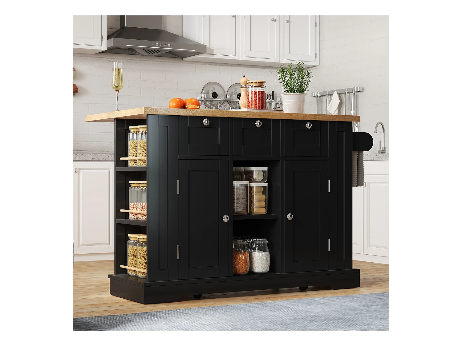 Ilot central de cuisine mobile avec 3 tiroirs, 2 portes et étagères - plateau extensible - 132 x 40/70 x 87 cm - Bois MDF - Noir + naturel