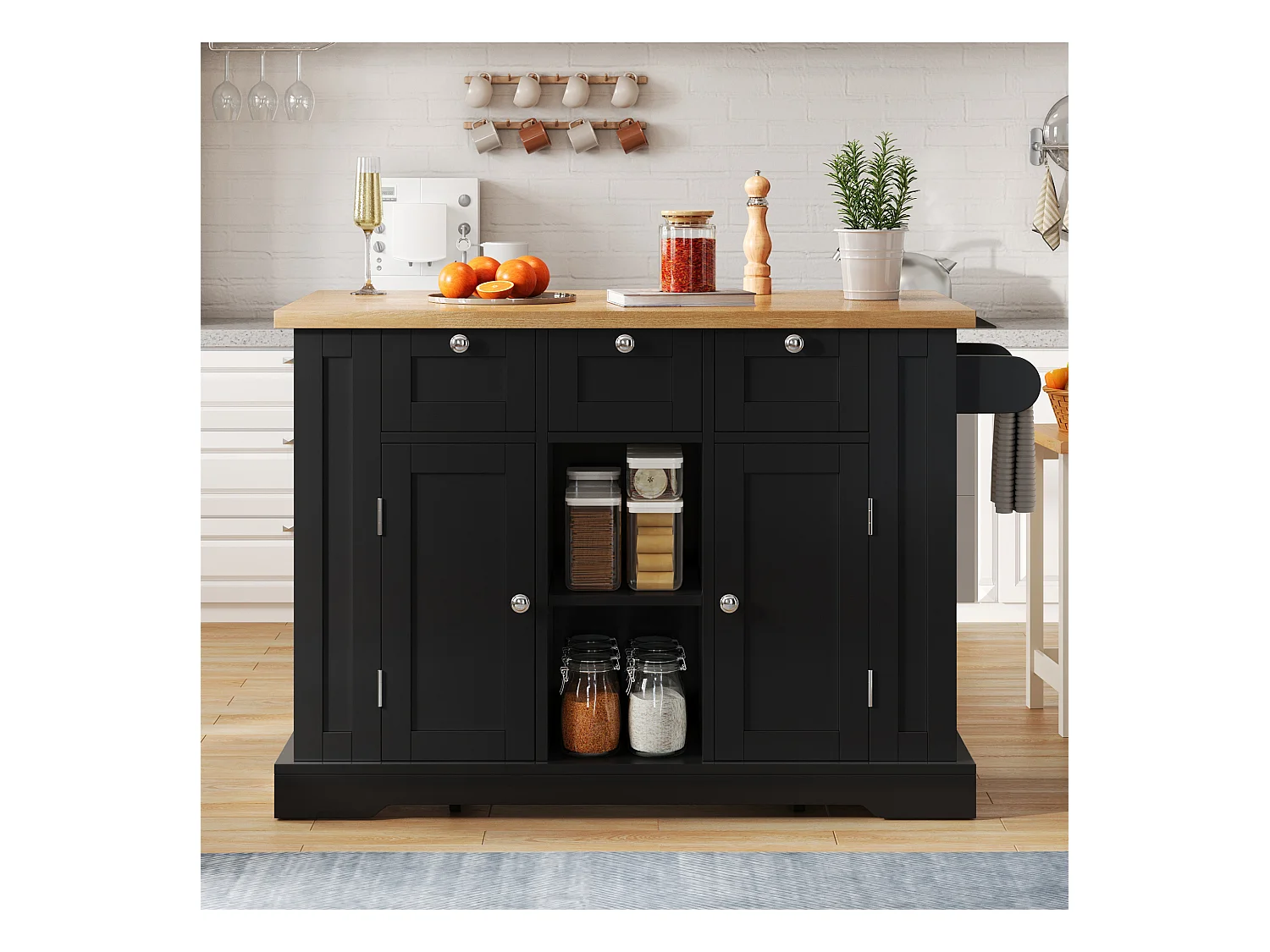 Ilot central de cuisine mobile avec 3 tiroirs, 2 portes et étagères - plateau extensible - 132 x 40/70 x 87 cm - Bois MDF - Noir + naturel