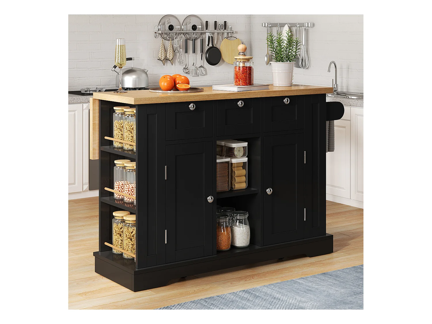 Ilot central de cuisine mobile avec 3 tiroirs, 2 portes et étagères - plateau extensible - 132 x 40/70 x 87 cm - Bois MDF - Noir + naturel