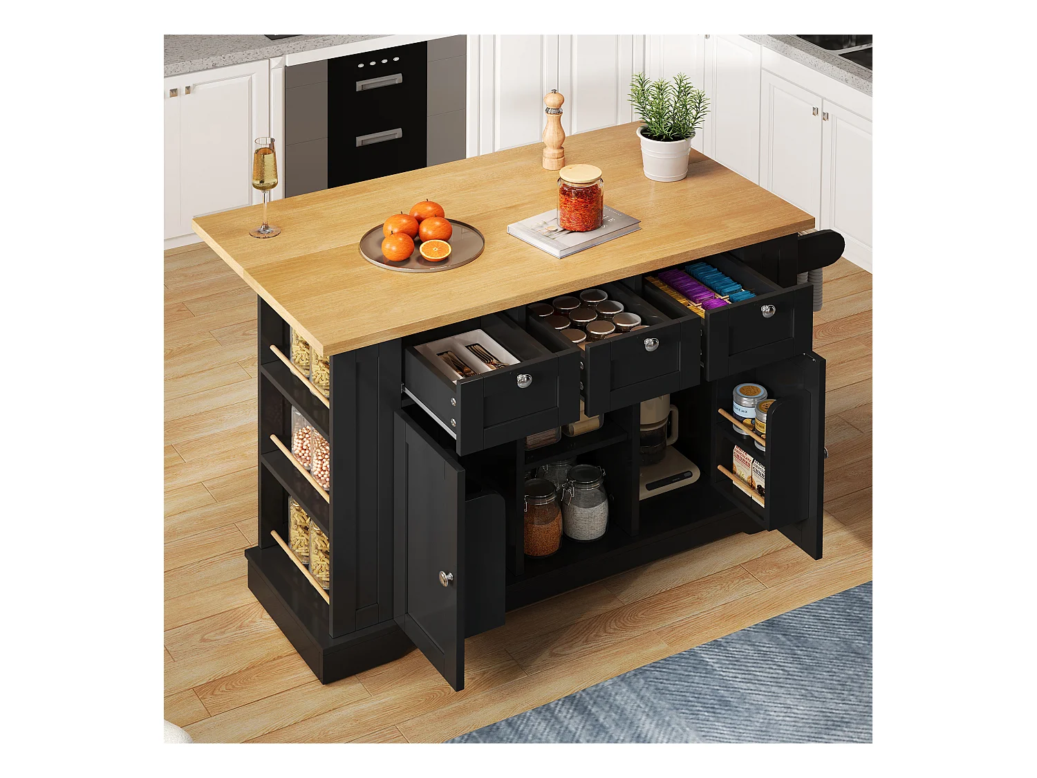 Ilot central de cuisine mobile avec 3 tiroirs, 2 portes et étagères - plateau extensible - 132 x 40/70 x 87 cm - Bois MDF - Noir + naturel