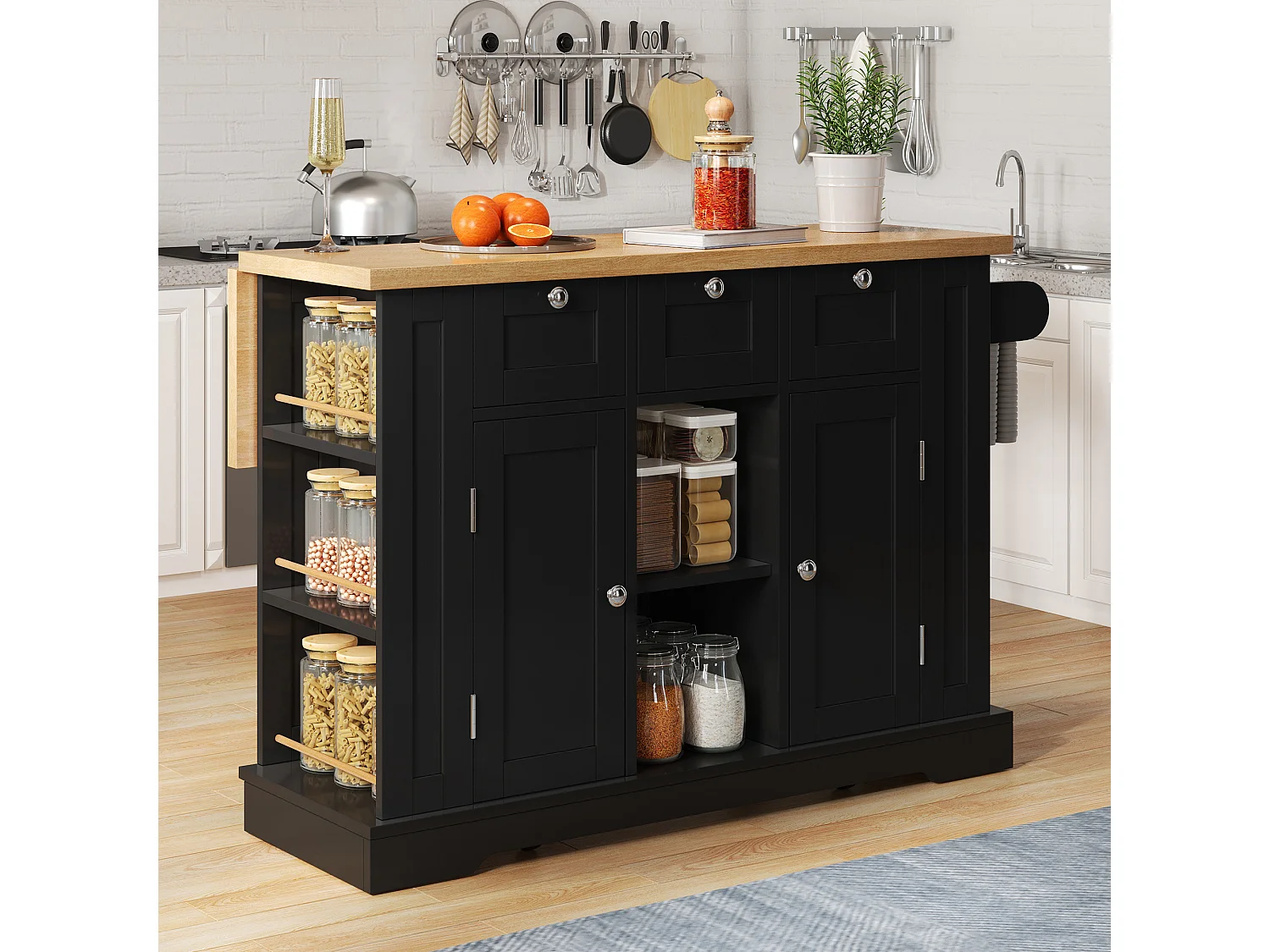 Ilot central de cuisine mobile avec 3 tiroirs, 2 portes et étagères - plateau extensible - 132 x 40/70 x 87 cm - Bois MDF - Noir + naturel