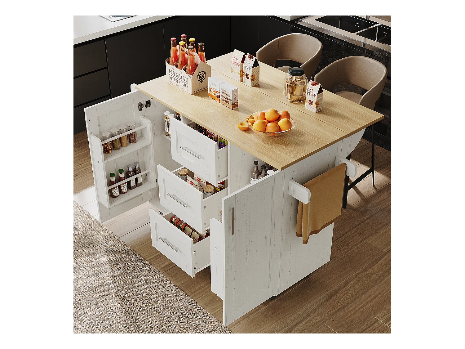 Ilha de cozinha móvel com 2 portas, 3 gavetas e toalheiro - Tampo extensível - 134,5 x 46/74 x 90,8 cm - MDF - Branco