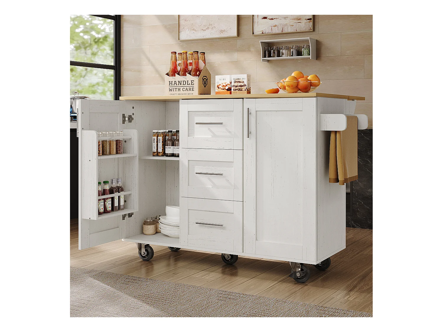 Ilha de cozinha móvel com 2 portas, 3 gavetas e toalheiro - Tampo extensível - 134,5 x 46/74 x 90,8 cm - MDF - Branco