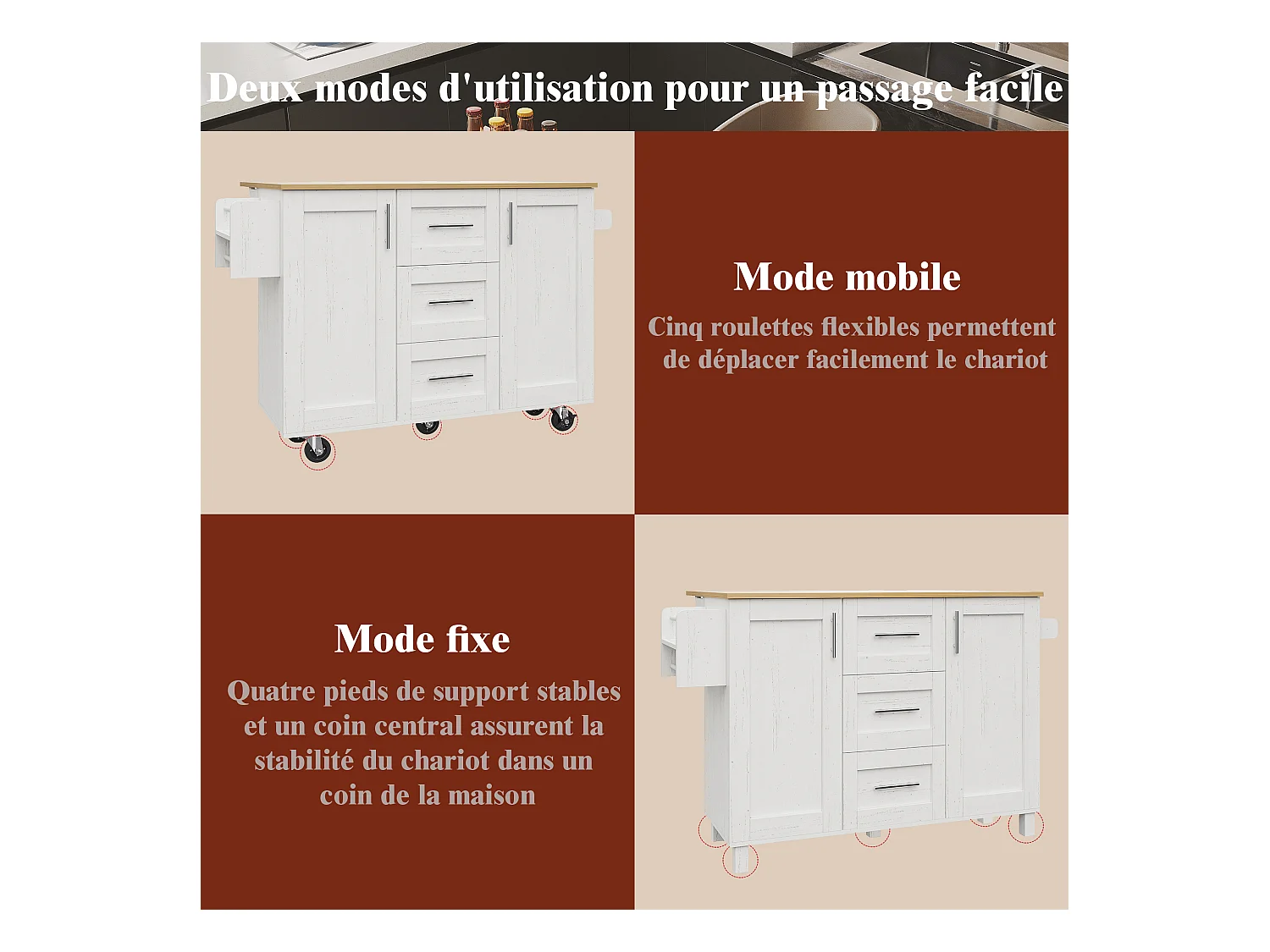 Ilha de cozinha móvel com 2 portas, 3 gavetas e toalheiro - Tampo extensível - 134,5 x 46/74 x 90,8 cm - MDF - Branco