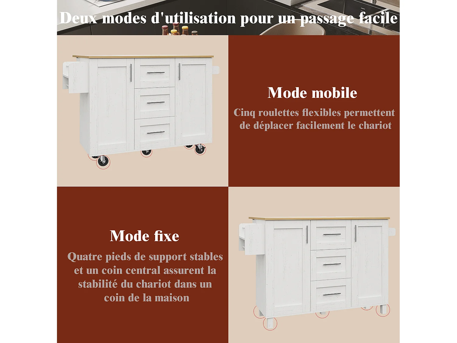 Mobiel keukeneiland met 2 lades, 2 deuren en opbergplanken - 211x55x89,5 cm - MDF - Zwart + Wit