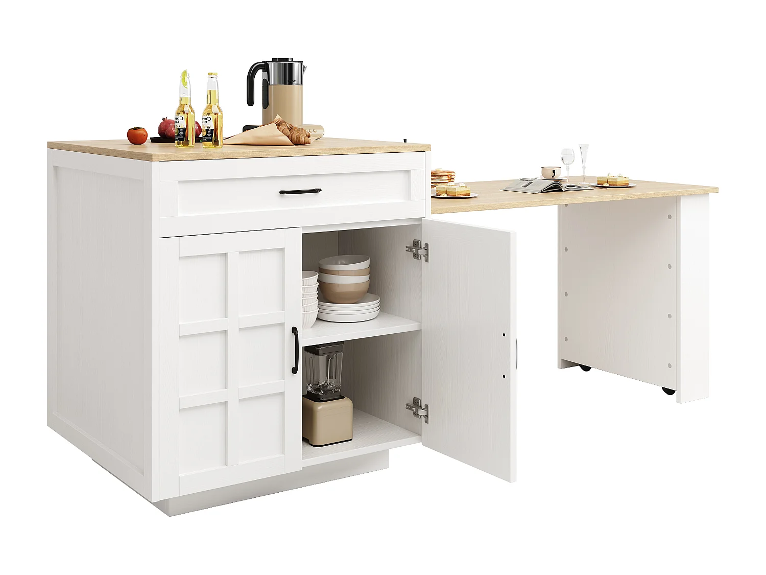 Ilot central de cuisine, table à manger 4 à 6 couverts - 2 tiroirs, 2 portes et étagères - 133/202 x 70 x 93.5 cm - MDF - Blanc