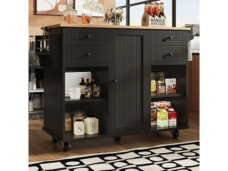 Ilot central de cuisine mobile avec 4 tiroirs, 1 porte et étagères de rangement - 127 x 46 x 91.5 cm - MDF et métal - Noir