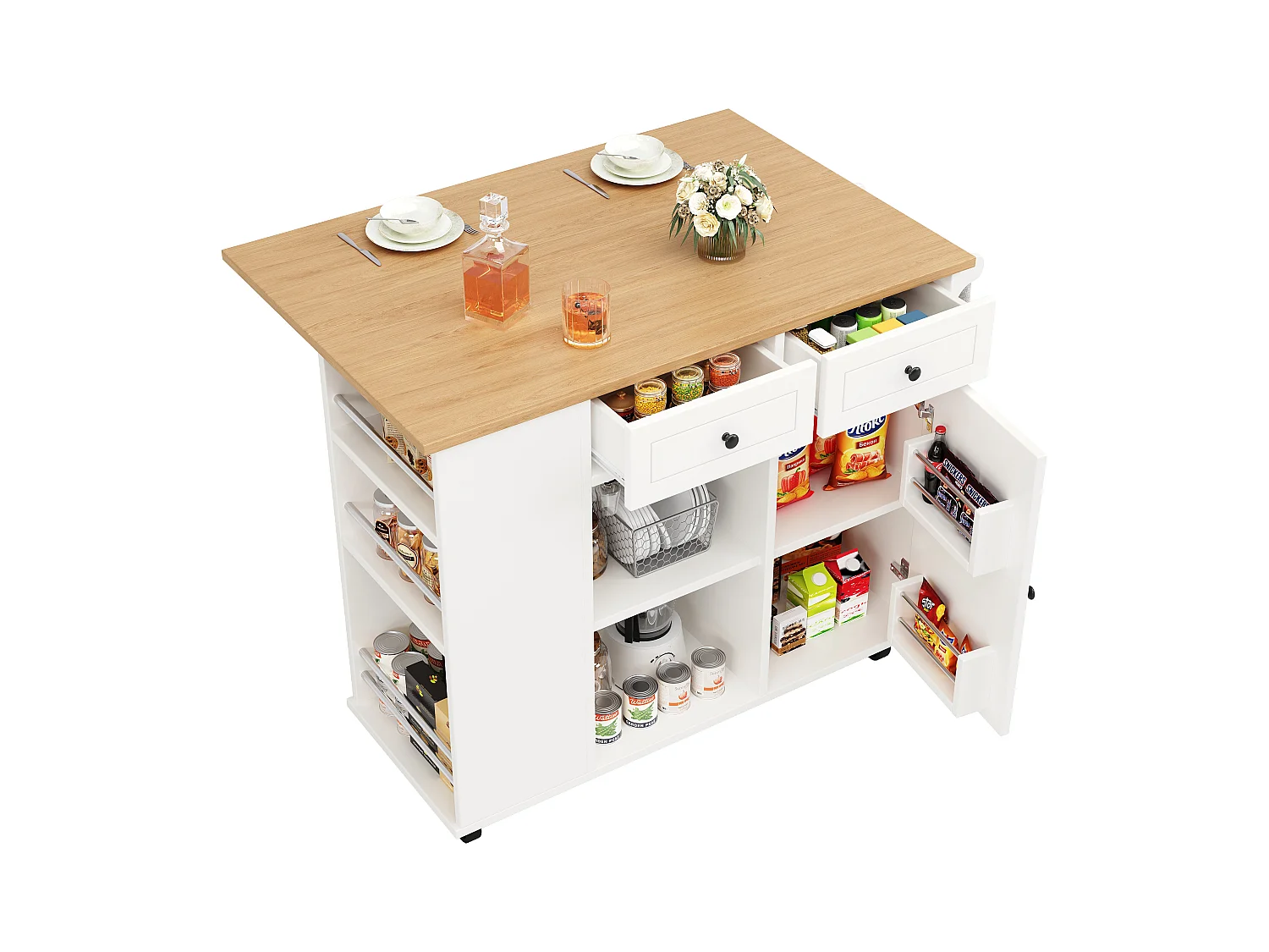 Isla de cocina móvil con 2 cajones, 1 puerta y compartimentos - 120x42/76x91,5cm - MDF y metal - Blanco + natural