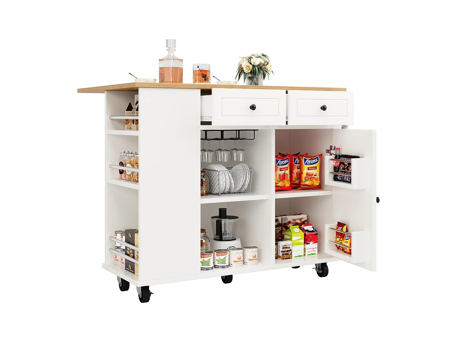 Isla de cocina móvil con 2 cajones, 1 puerta y compartimentos - 120x42/76x91,5cm - MDF y metal - Blanco + natural