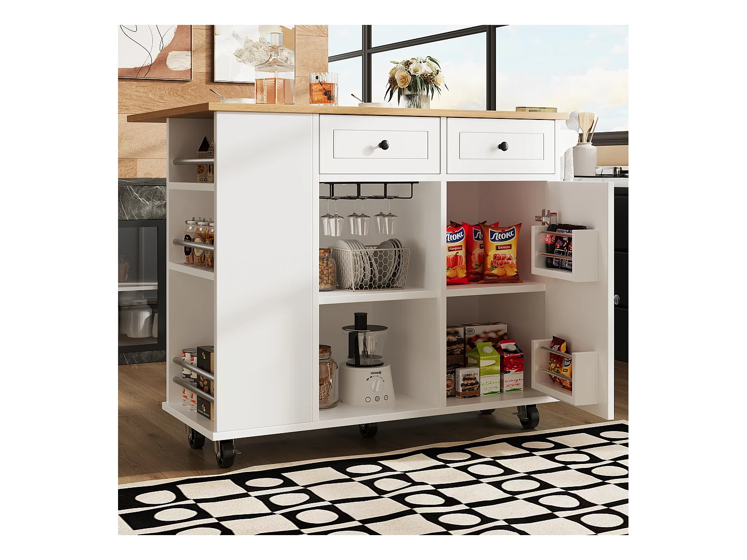 Ilot central de cuisine mobile avec 2 tiroirs, 1 porte et compartiments - 120x42/76x91.5cm - MDF et métal - Blanc + naturel