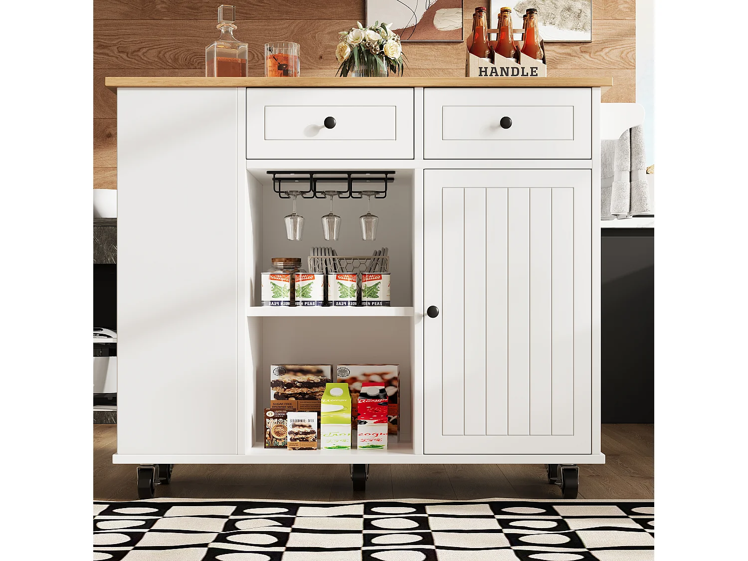 Ilot central de cuisine mobile avec 2 tiroirs, 1 porte et compartiments - 120x42/76x91.5cm - MDF et métal - Blanc + naturel