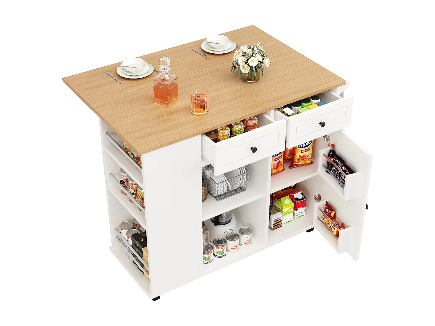 Ilot central de cuisine mobile avec 2 tiroirs, 1 porte et compartiments - 120x42/76x91.5cm - MDF et métal - Blanc + naturel