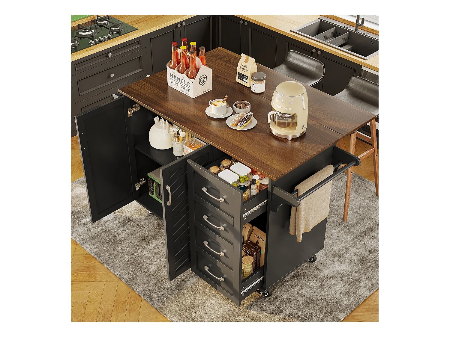 Ilot central de cuisine mobile avec 2 portes, 2 tiroirs et porte-serviettes - Plateau extensible - 128 x 46/71 x 93 cm - Bois MDF - Noir + marron