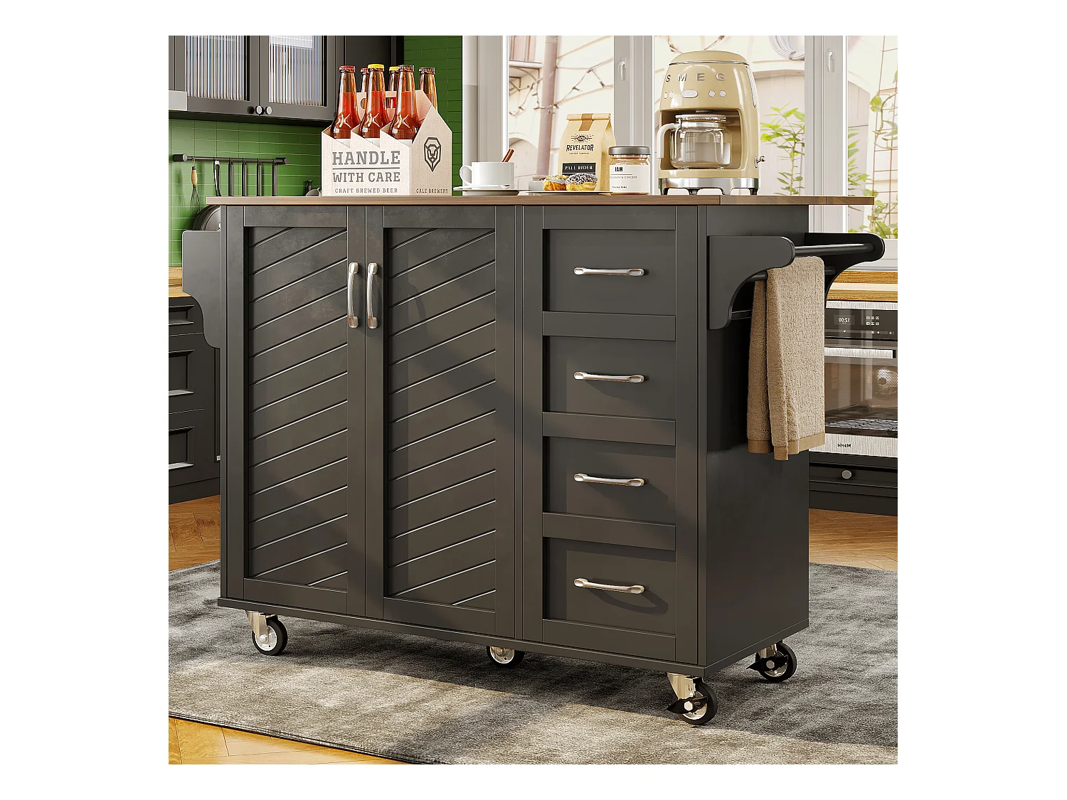 Ilot central de cuisine mobile avec 2 portes, 2 tiroirs et porte-serviettes - Plateau extensible - 128 x 46/71 x 93 cm - Bois MDF - Noir + marron