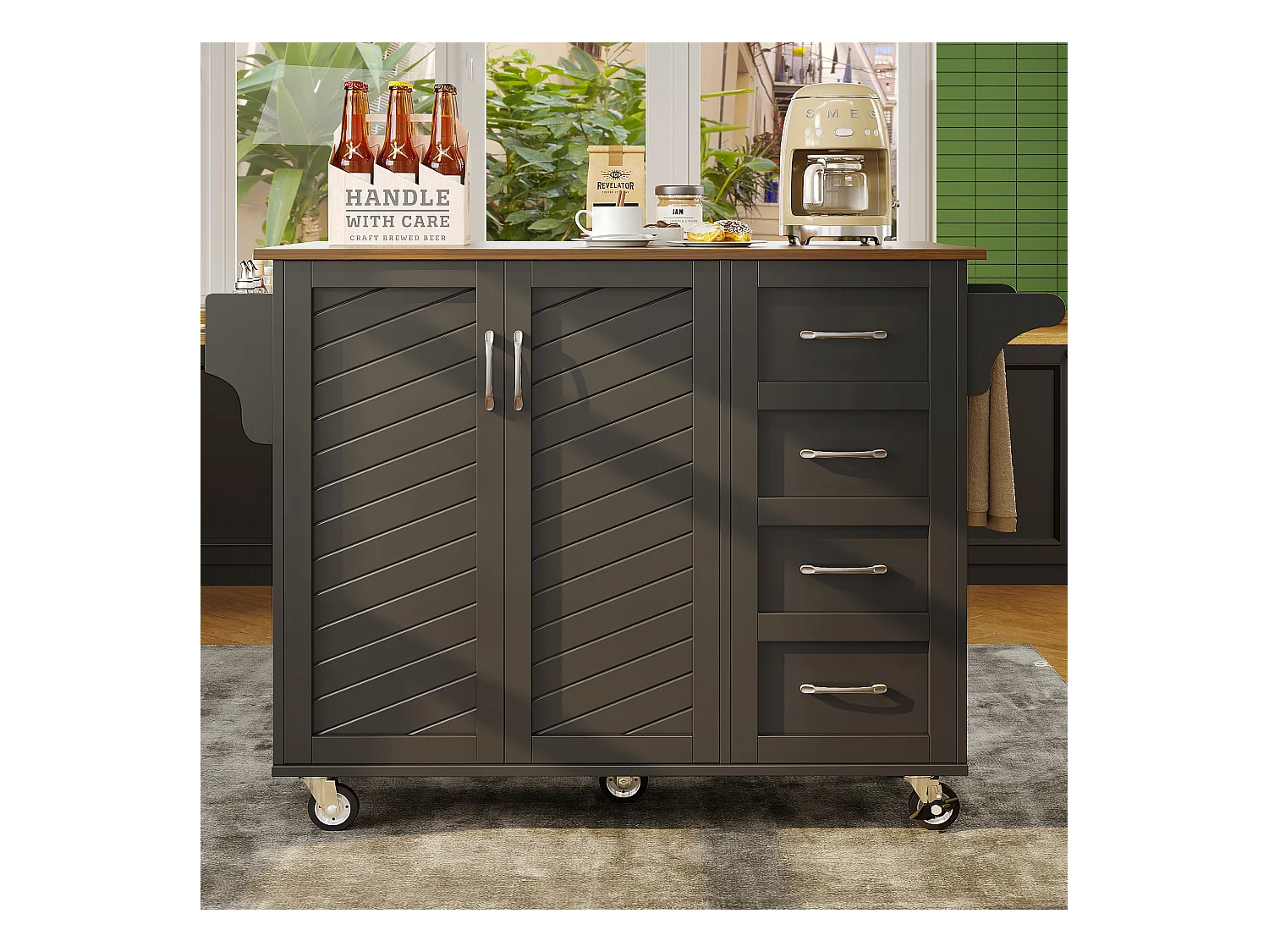 Ilot central de cuisine mobile avec 2 portes, 2 tiroirs et porte-serviettes - Plateau extensible - 128 x 46/71 x 93 cm - Bois MDF - Noir + marron