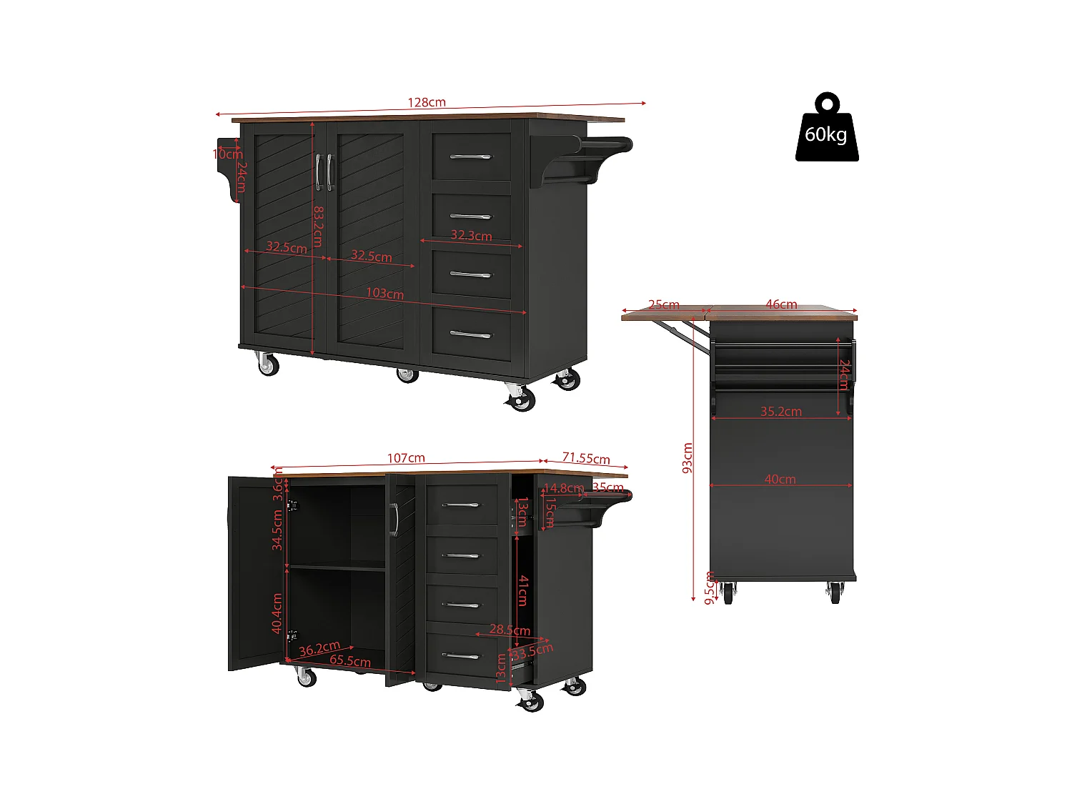 Ilot central de cuisine mobile avec 2 portes, 2 tiroirs et porte-serviettes - Plateau extensible - 128 x 46/71 x 93 cm - Bois MDF - Noir + marron