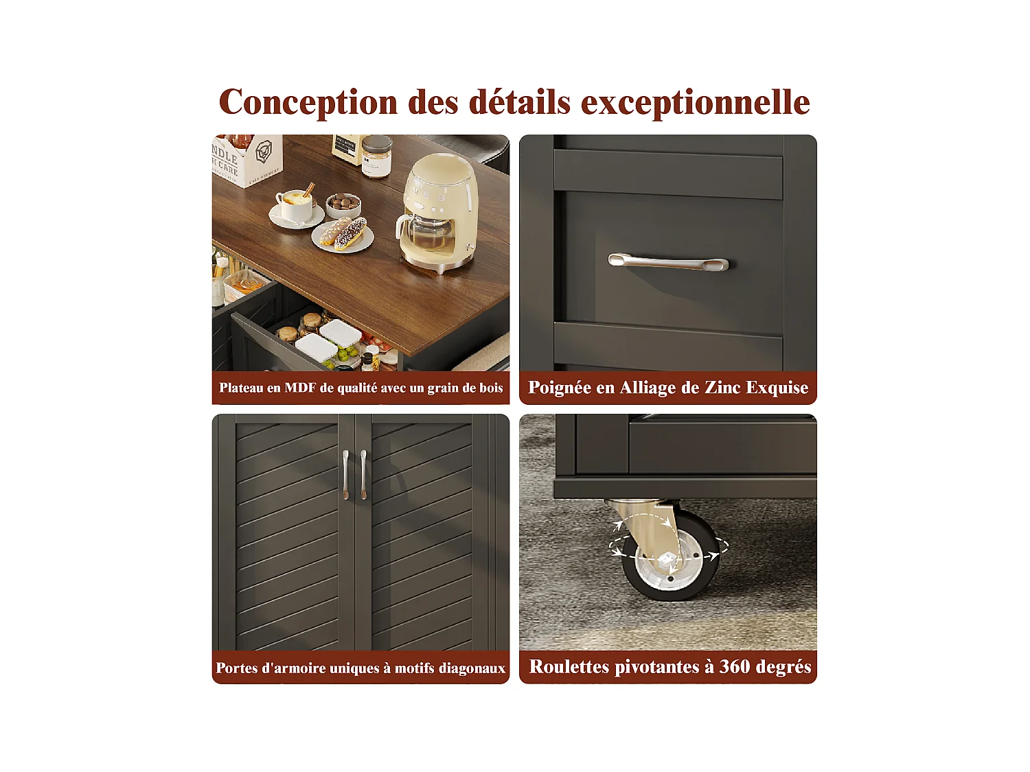 Ilot central de cuisine mobile avec 2 portes, 2 tiroirs et porte-serviettes - Plateau extensible - 128 x 46/71 x 93 cm - Bois MDF - Noir + marron