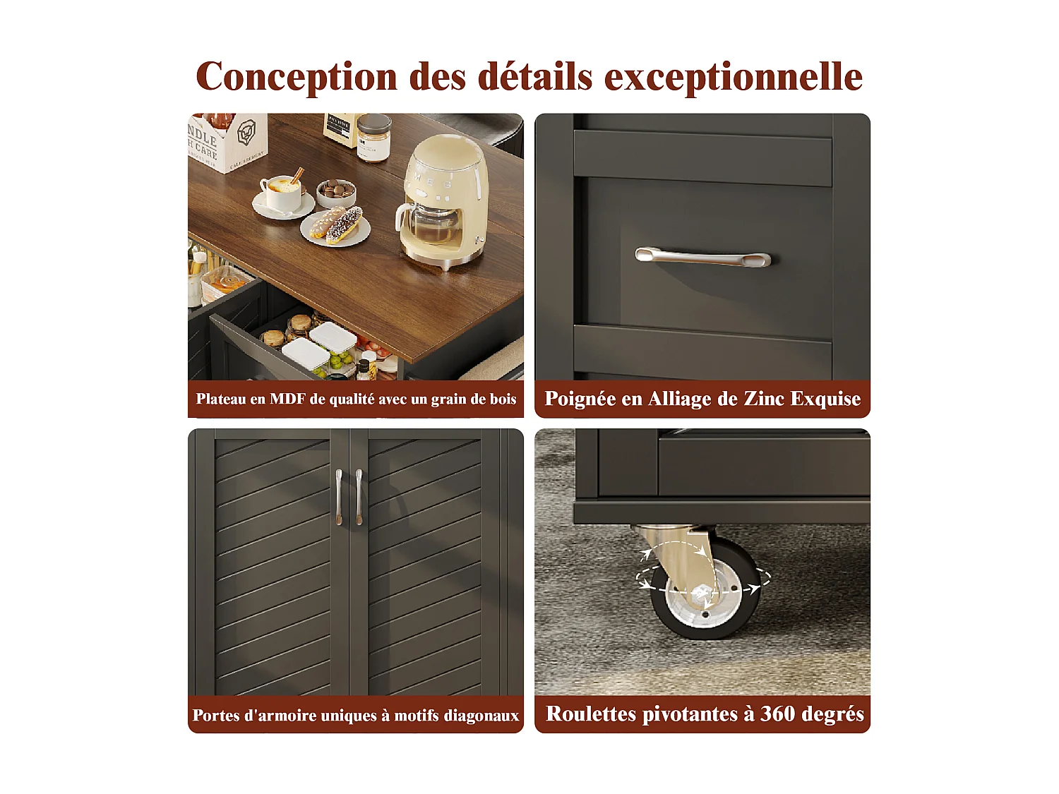 Ilot central de cuisine mobile avec 2 portes, 2 tiroirs et porte-serviettes - Plateau extensible - 128 x 46/71 x 93 cm - Bois MDF - Noir + marron
