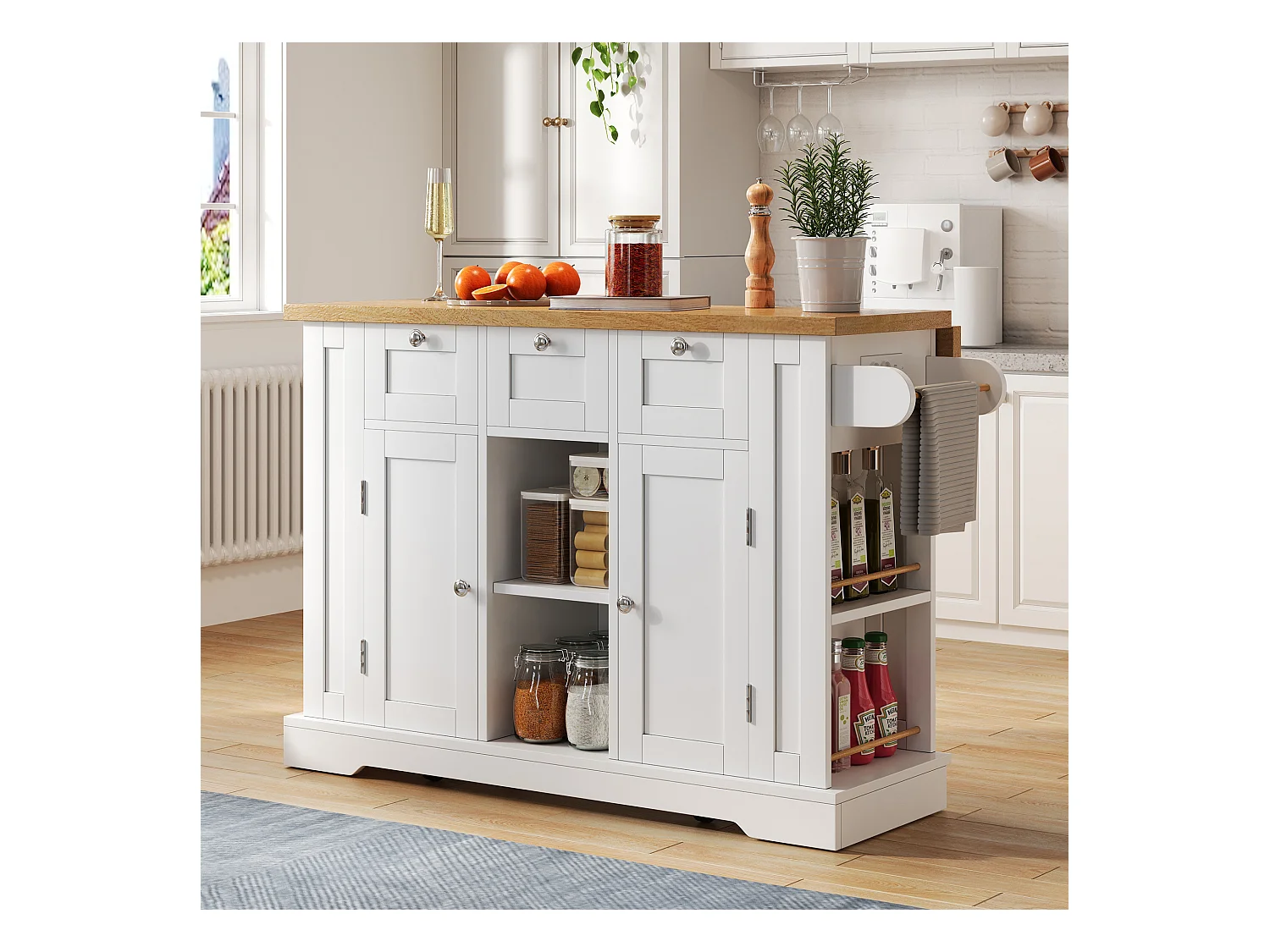 Ilot central de cuisine mobile avec 3 tiroirs, 2 portes et étagères - plateau extensible - 132 x 40/70 x 87 cm - Bois MDF - Blanc + naturel