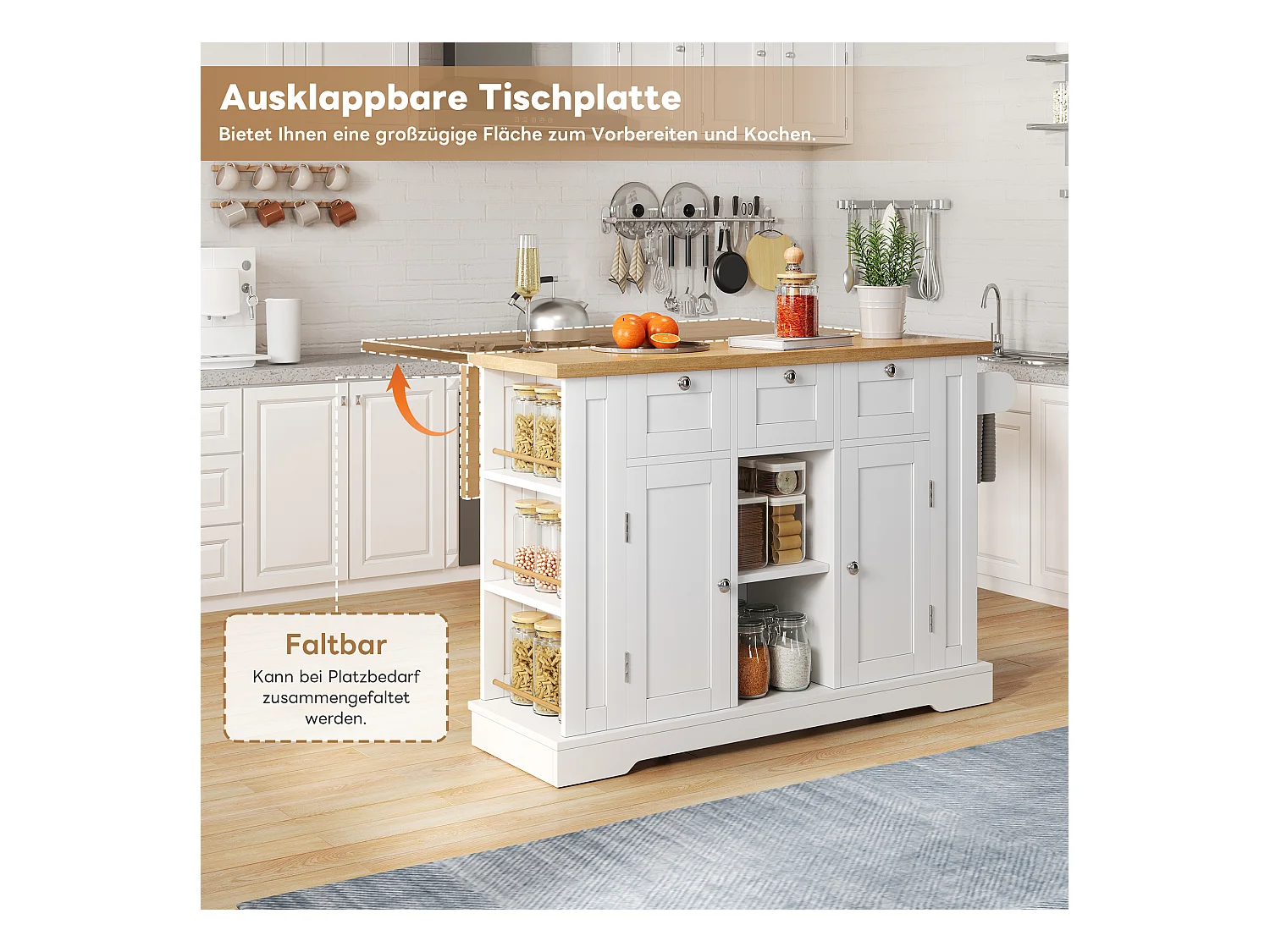 Ilot central de cuisine mobile avec 3 tiroirs, 2 portes et étagères - plateau extensible - 132 x 40/70 x 87 cm - Bois MDF - Blanc + naturel