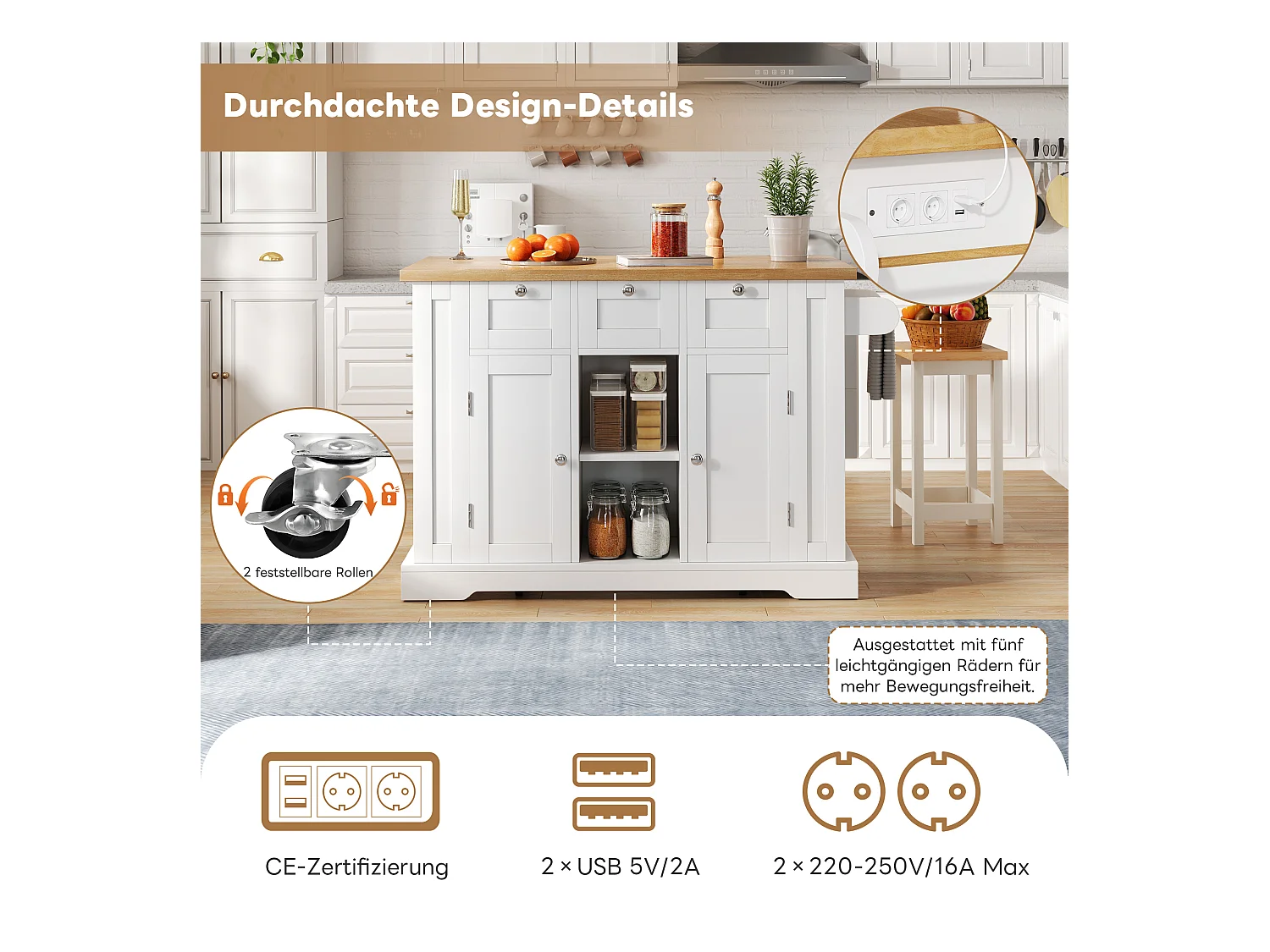 Ilot central de cuisine mobile avec 3 tiroirs, 2 portes et étagères - plateau extensible - 132 x 40/70 x 87 cm - Bois MDF - Blanc + naturel