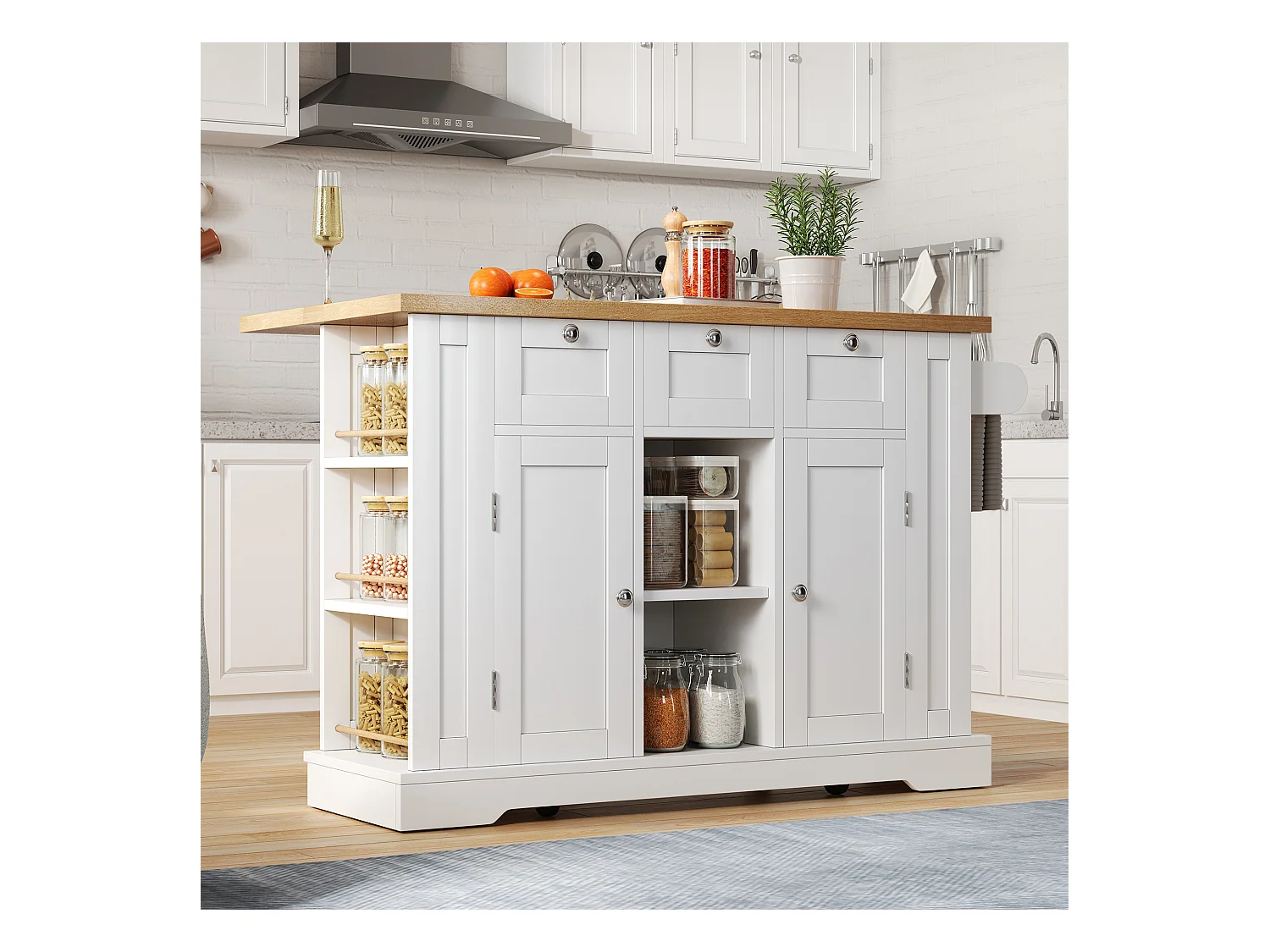 Ilot central de cuisine mobile avec 3 tiroirs, 2 portes et étagères - plateau extensible - 132 x 40/70 x 87 cm - Bois MDF - Blanc + naturel