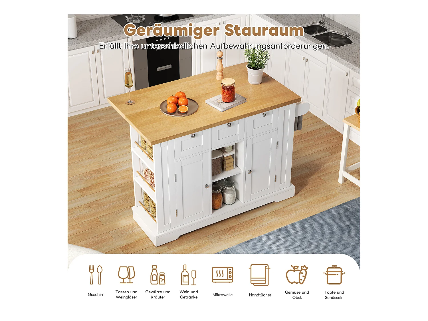 Ilot central de cuisine mobile avec 3 tiroirs, 2 portes et étagères - plateau extensible - 132 x 40/70 x 87 cm - Bois MDF - Blanc + naturel