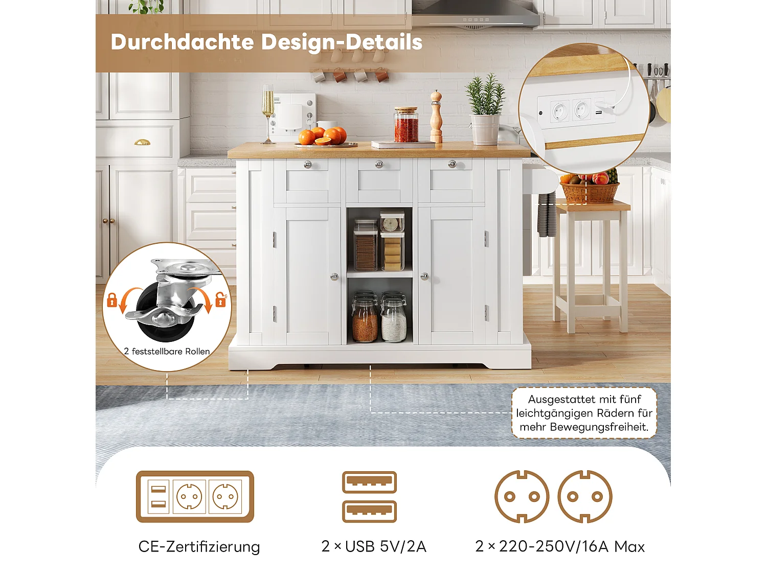 Ilot central de cuisine mobile avec 3 tiroirs, 2 portes et étagères - plateau extensible - 132 x 40/70 x 87 cm - Bois MDF - Blanc + naturel
