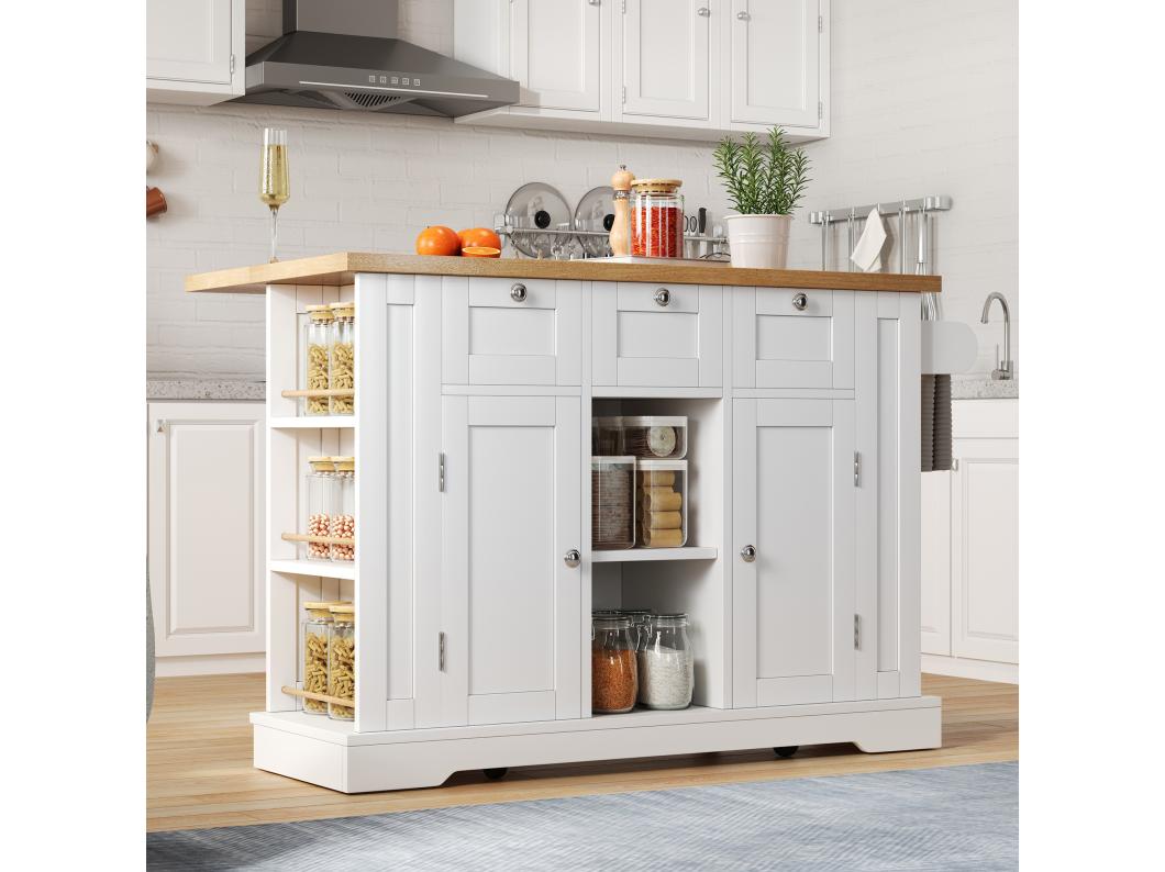 Isola cucina mobile con 3 cassetti, 2 ante e ripiani - piano estensibile - 132 x 40/70 x 87 cm - Legno MDF - Bianco + naturale