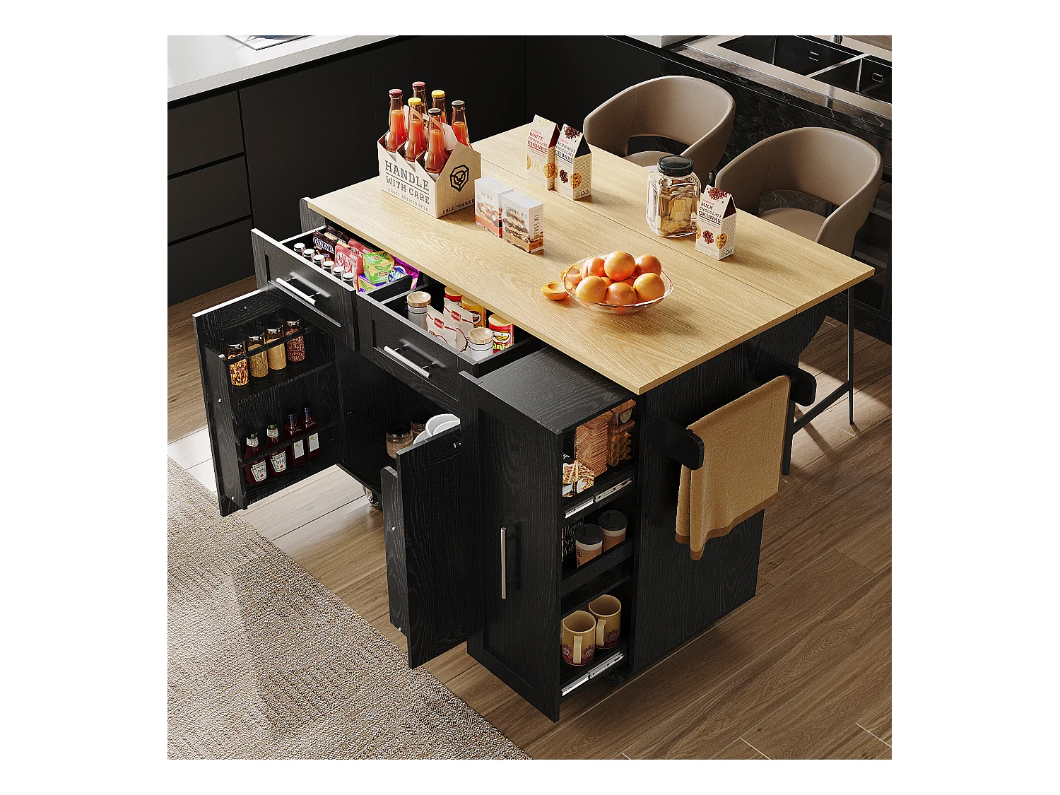 Ilot central de cuisine mobile avec 2 portes, 3 tiroirs et porte-serviettes - Plateau extensible - 134.5 x 46/74 x 90.5 cm - MDF - Noir