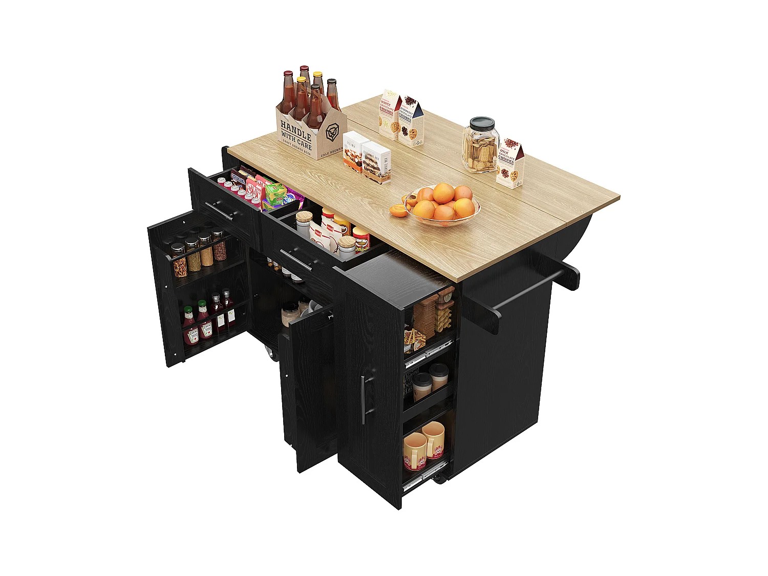 Ilot central de cuisine mobile avec 2 portes, 3 tiroirs et porte-serviettes - Plateau extensible - 134.5 x 46/74 x 90.5 cm - MDF - Noir