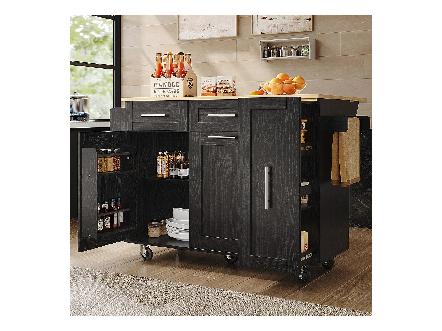 Ilot central de cuisine mobile avec 2 portes, 3 tiroirs et porte-serviettes - Plateau extensible - 134.5 x 46/74 x 90.5 cm - MDF - Noir